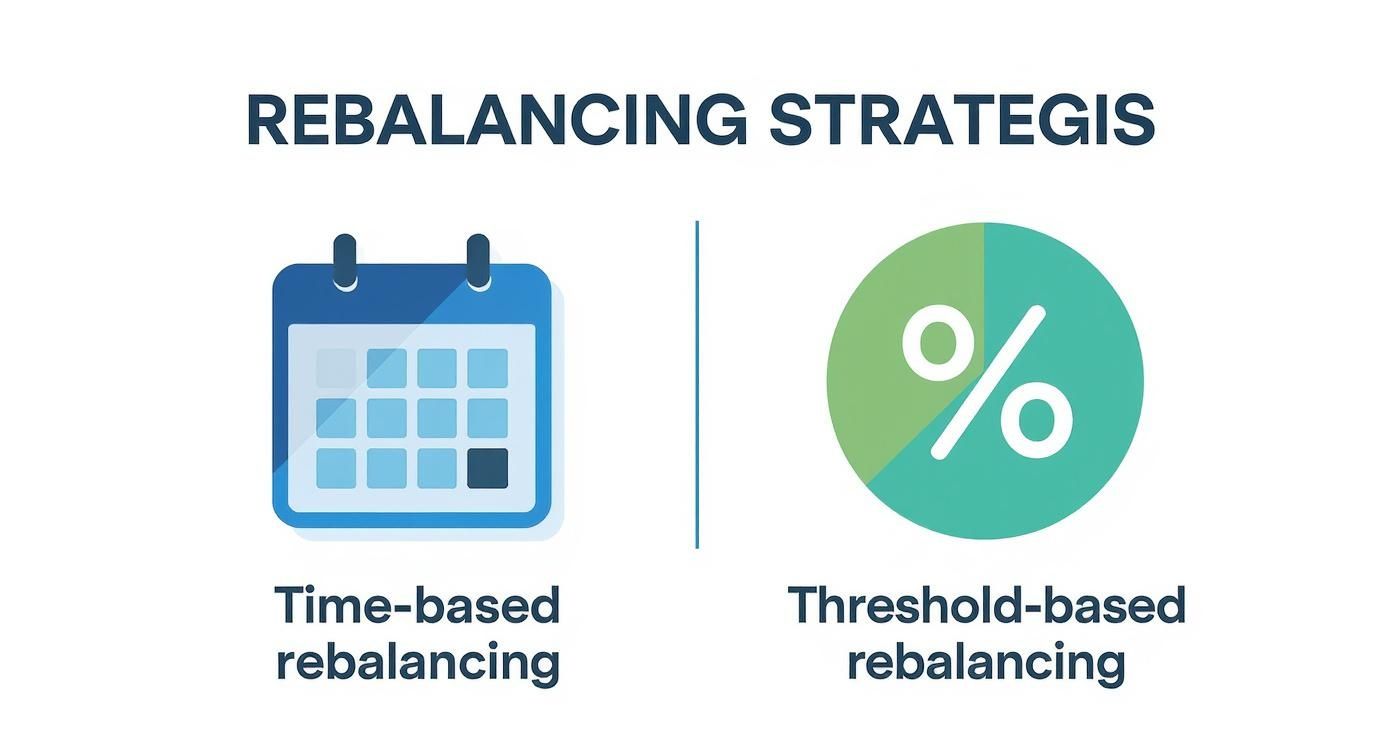Infographic comparing time-based and threshold-based portfolio rebalancing strategies. Infographic comparing time-based and threshold-based portfolio rebalancing strategies.