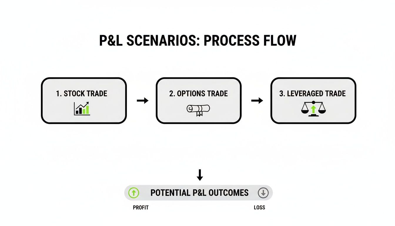 Process flow diagram showing profit and loss scenarios for stock, options, and leveraged trades.
