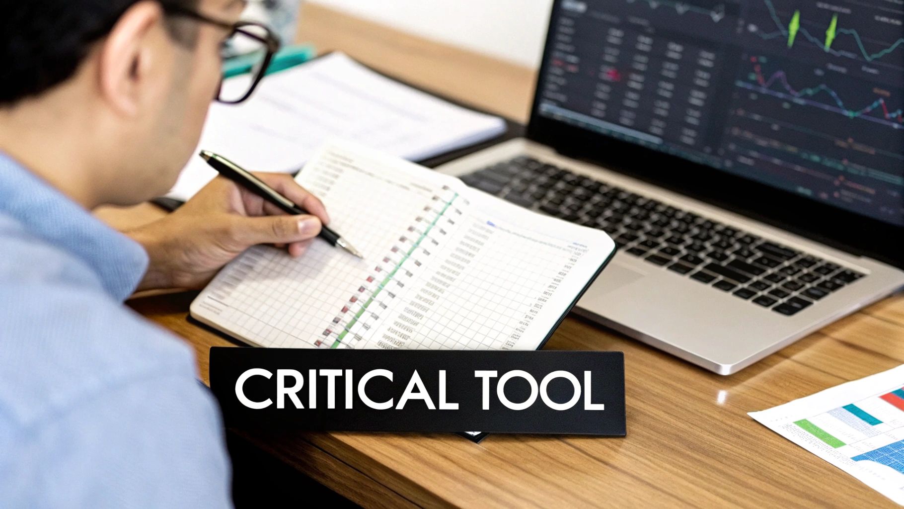 A trader reviewing charts and taking notes in a daily log book.