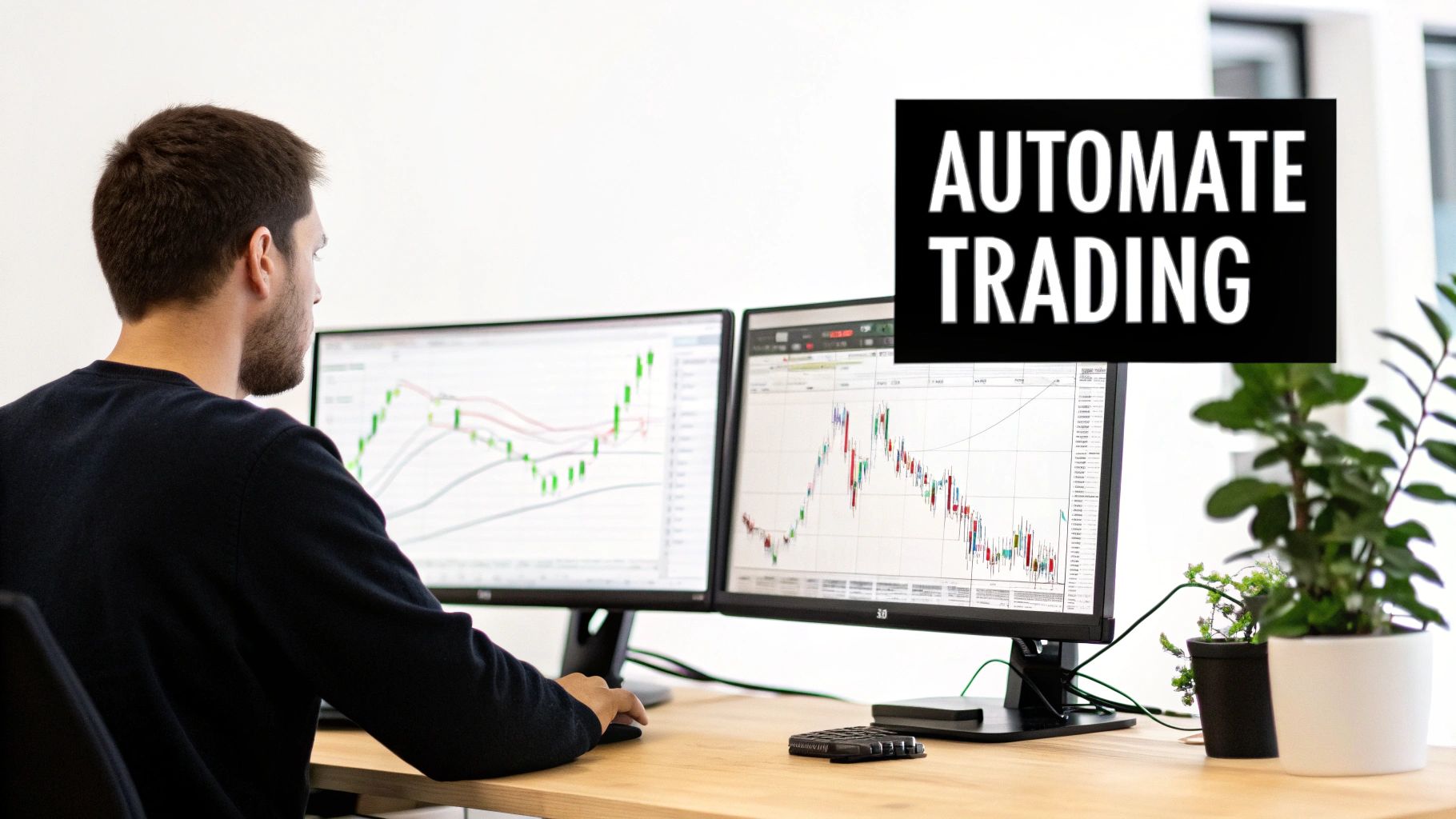 A man views stock market charts on dual monitors with 'AUTOMATE TRADING' text overlay.