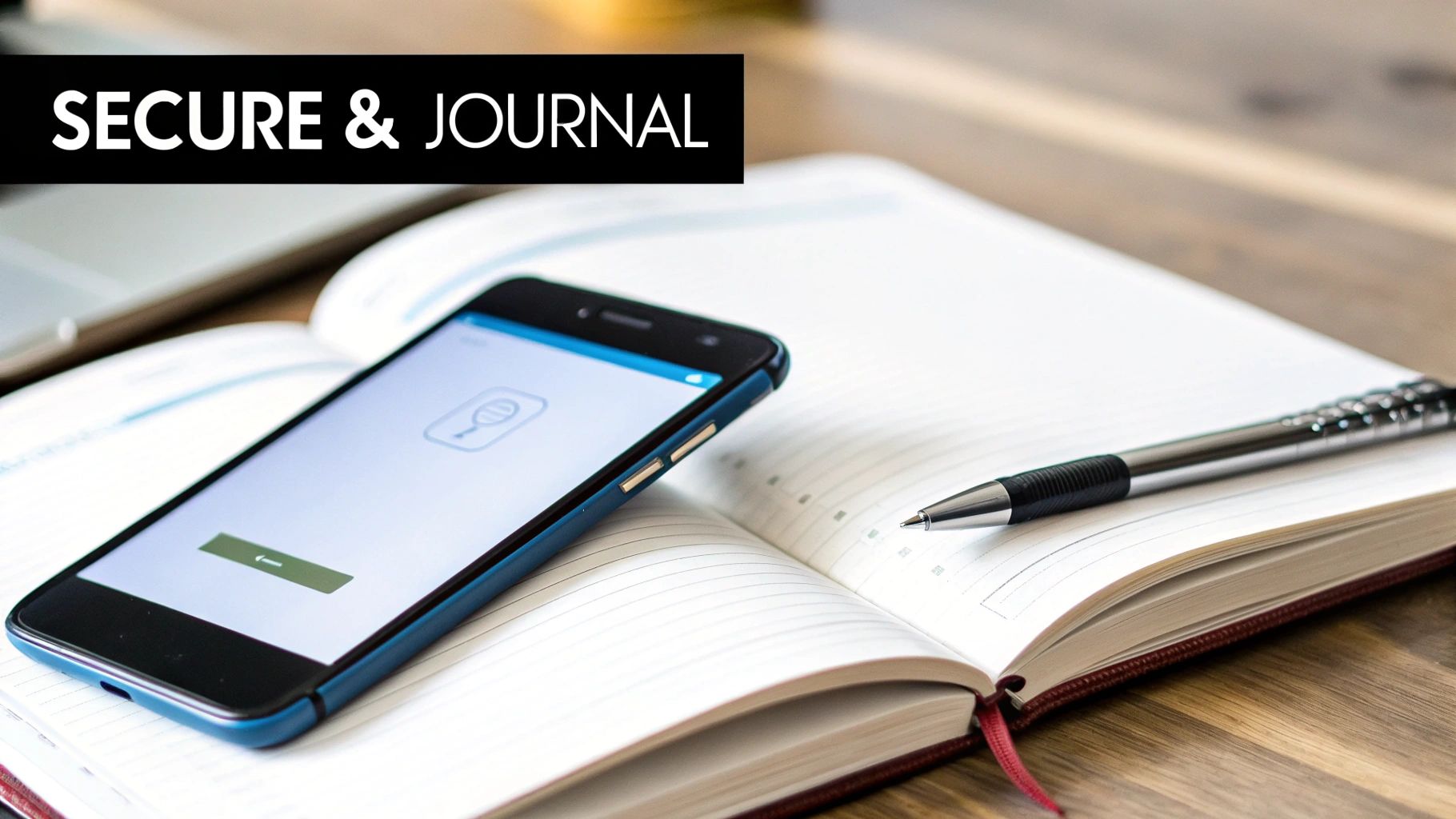 A smartphone and a pen lie on an open lined journal on a wooden desk, with the text 'SECURE & JOURNAL' prominently displayed.