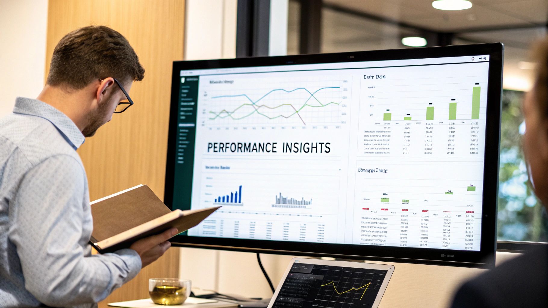 Man in glasses reviews 'PERFORMANCE INSIGHTS' on a large monitor, holding a brown book.