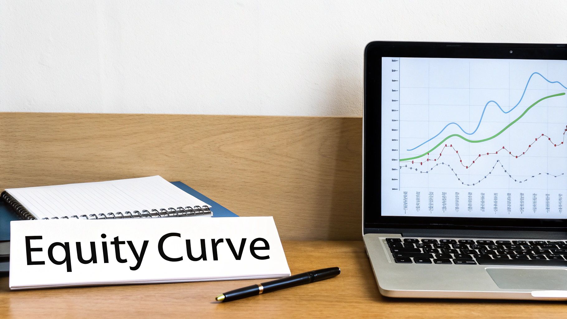 Laptop displaying an equity curve financial graph, with a sign and pen on a wooden desk. Laptop displaying an equity curve financial graph, with a sign and pen on a wooden desk.