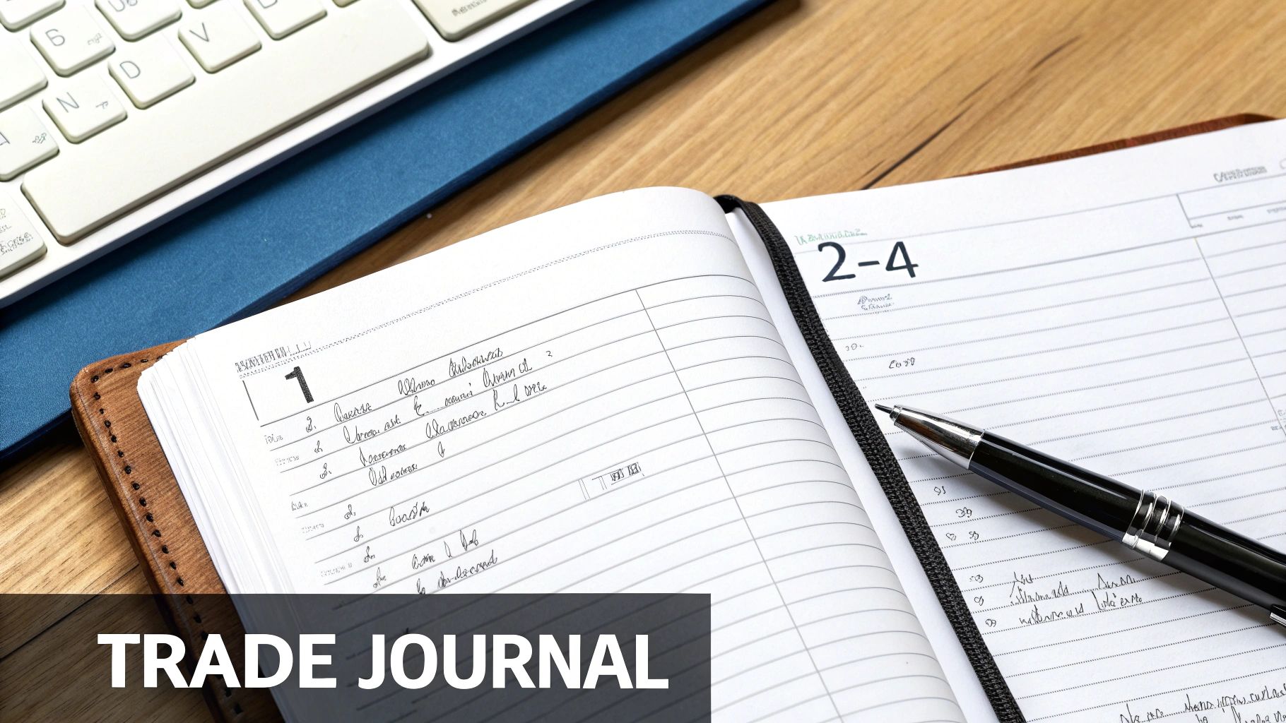 An open trade journal with handwritten notes and a pen on a wooden desk, beside a white keyboard.
