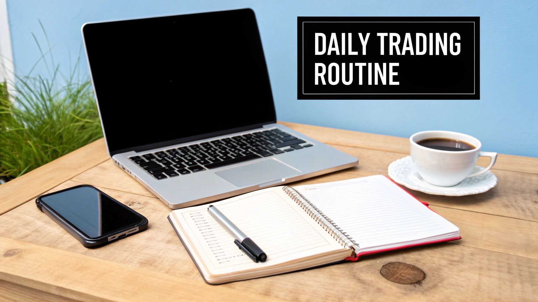 A workspace with a laptop, smartphone, notebook, pen, and coffee, with 'Daily Trading Routine' text.