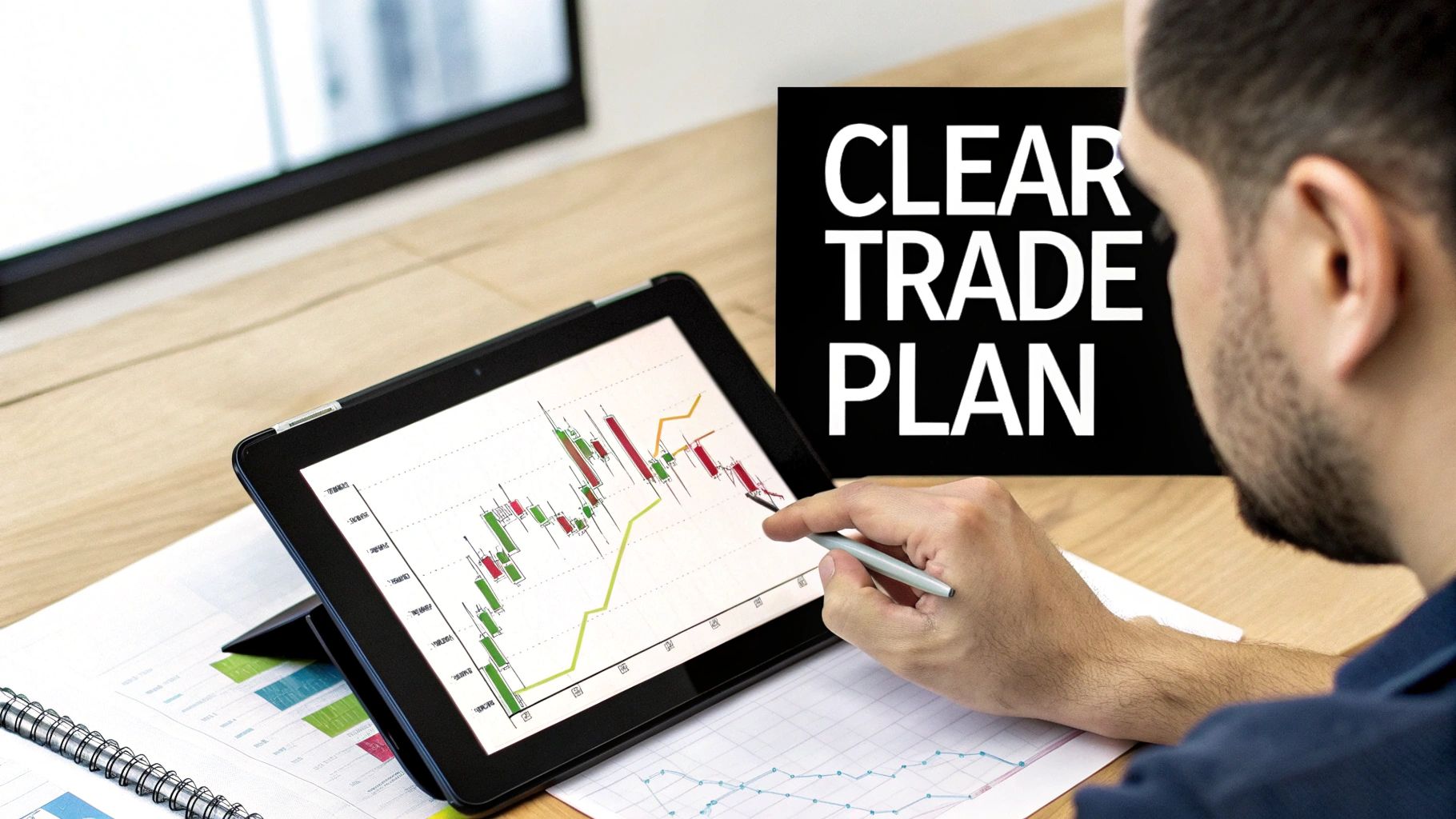 A man analyzes financial charts on a tablet with a stylus, next to text 'CLEAR TRADE PLAN'.