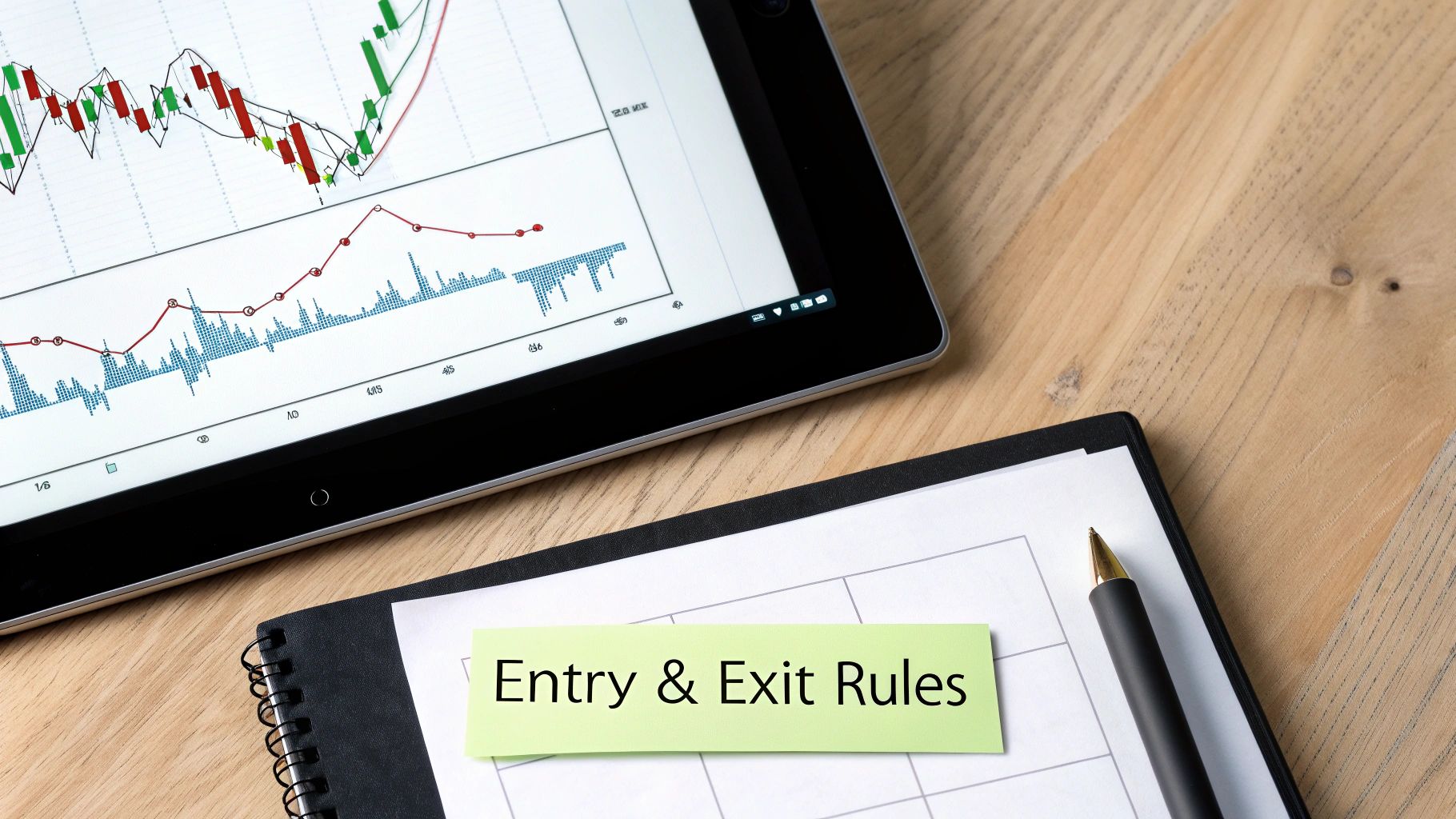 A tablet displays stock market charts next to a notebook with 'Entry & Exit Rules' written on a sticky note.