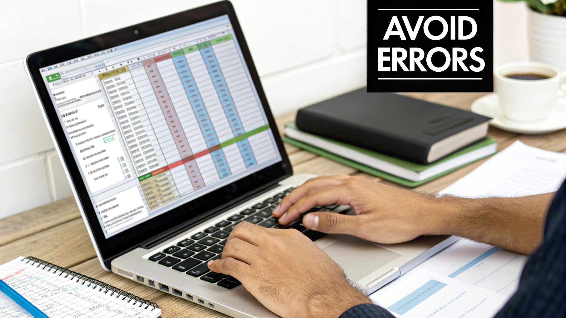 Person typing on a laptop with a spreadsheet, notebooks, and coffee on a desk, with text 'AVOID ERRORS'. Person typing on a laptop with a spreadsheet, notebooks, and coffee on a desk, with text 'AVOID ERRORS'.
