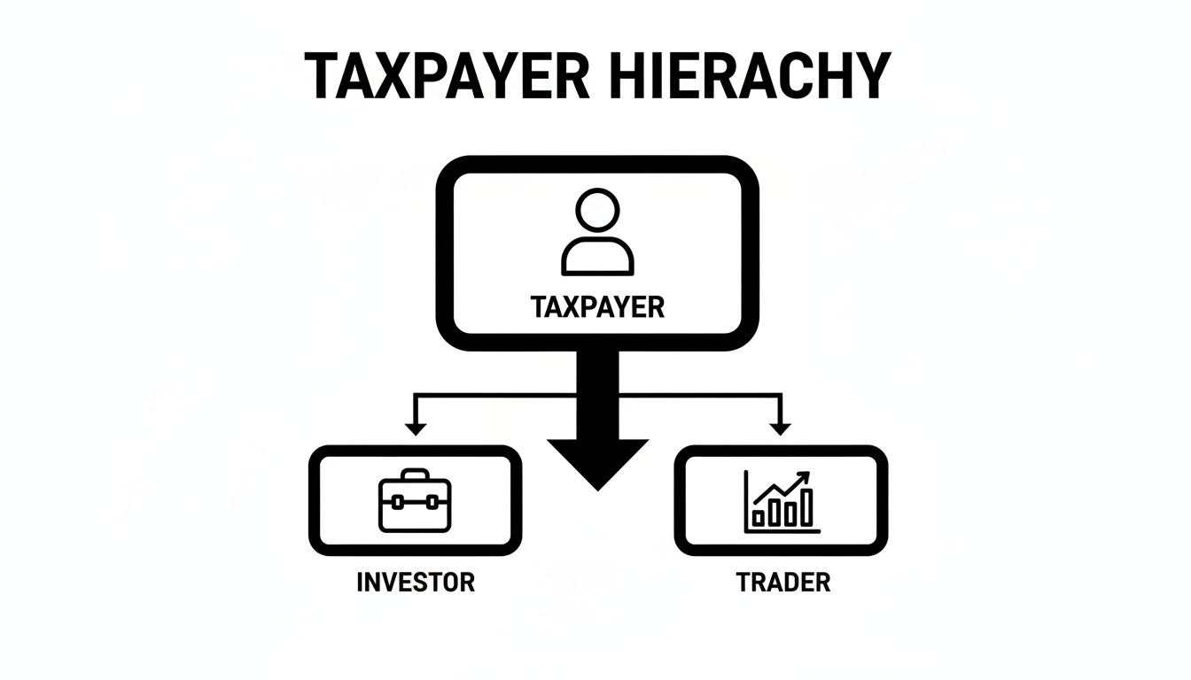 Hierarchy chart: Taxpayer at top, branching into Investor (briefcase) and Trader (chart). Hierarchy chart: Taxpayer at top, branching into Investor (briefcase) and Trader (chart).
