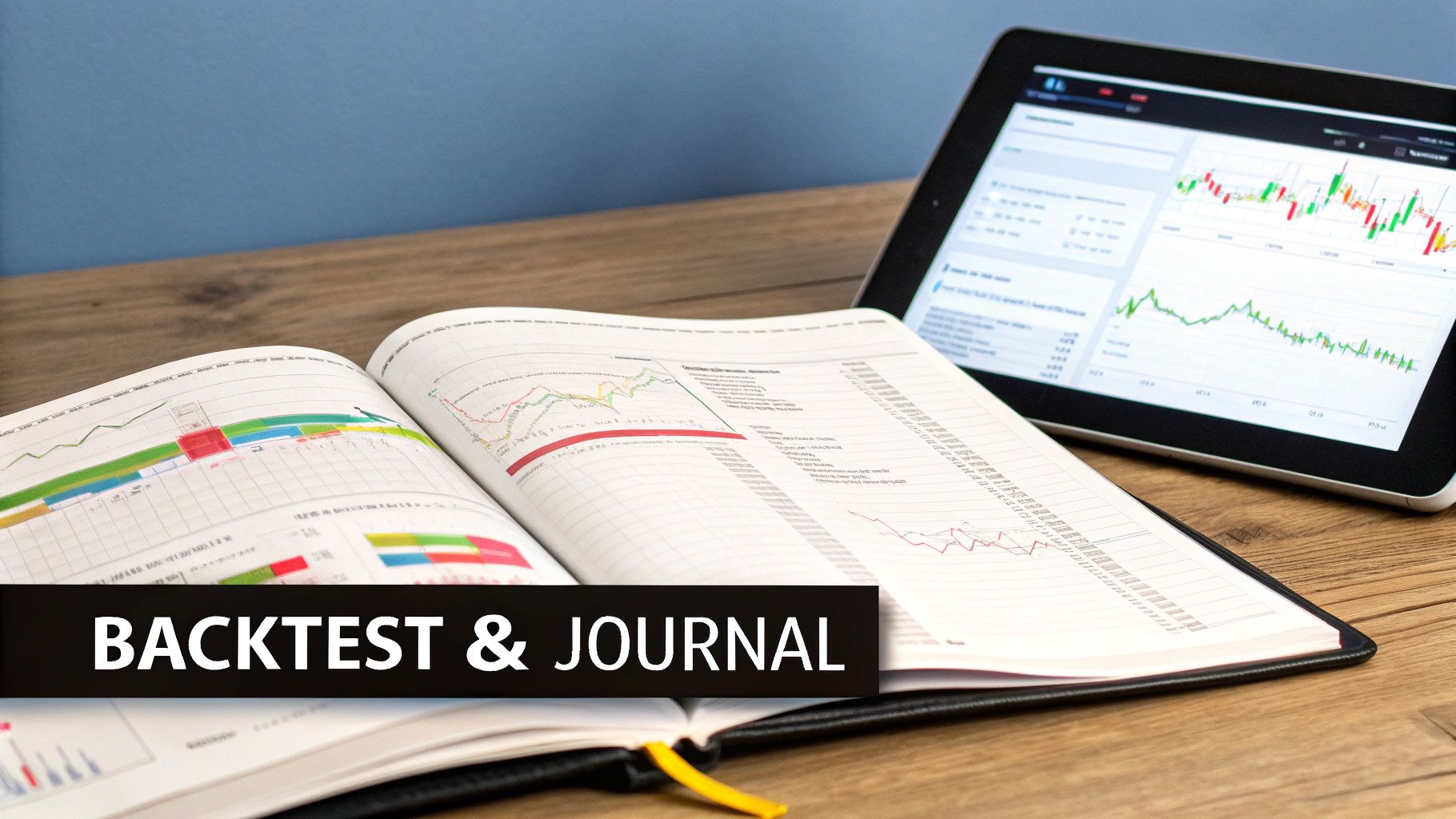 Trading charts and financial data displayed on tablet and printed reports for backtesting analysis