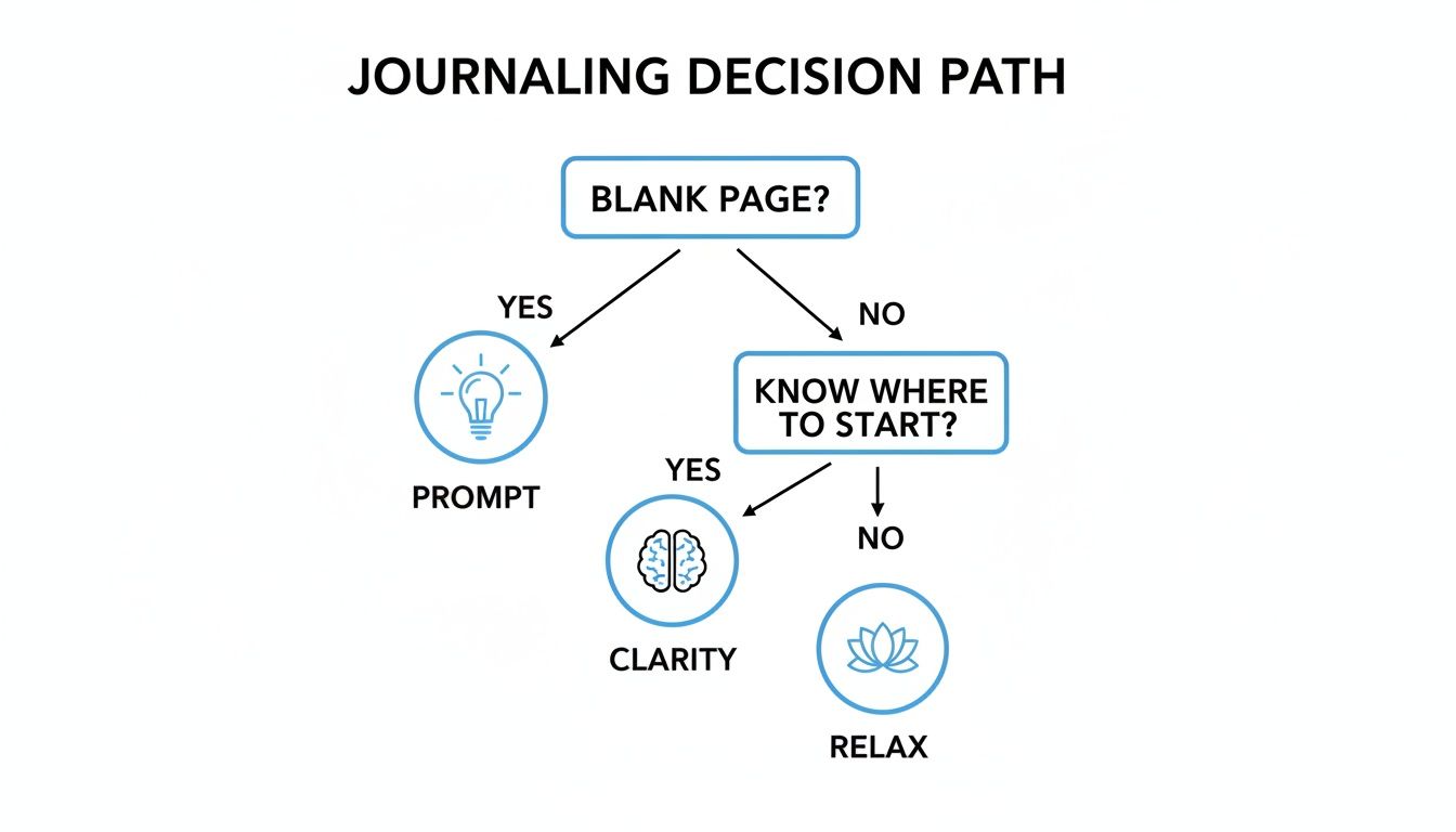 A journaling decision path flowchart guiding users from a blank page to prompt, clarity, or relaxation. A journaling decision path flowchart guiding users from a blank page to prompt, clarity, or relaxation.