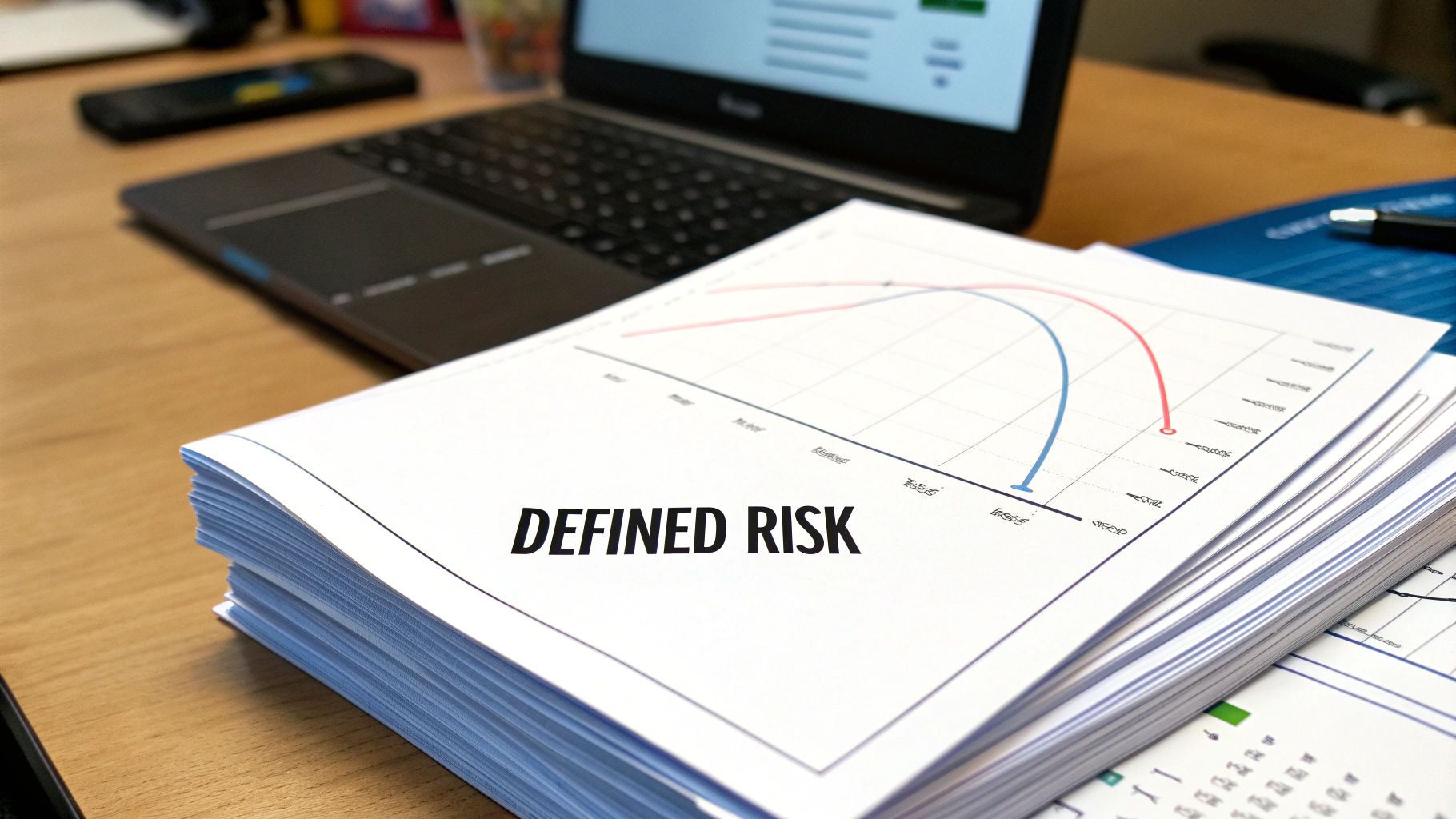 Stack of documents on a desk, featuring 'DEFINED RISK' text and a financial graph with lines.