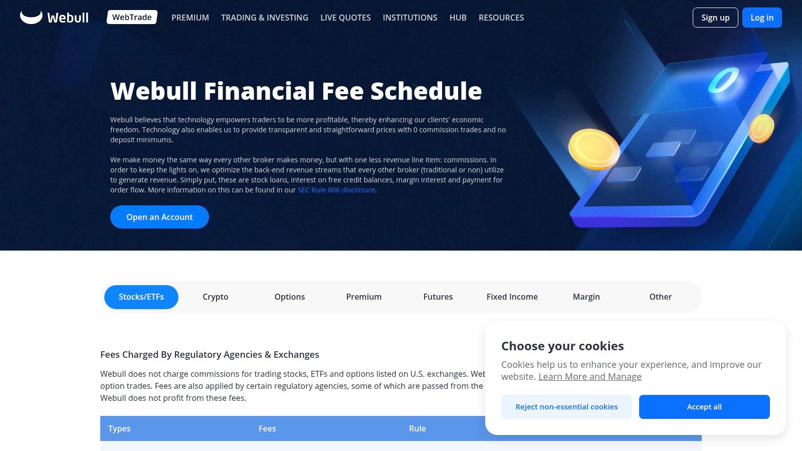 Webull's fee schedule page highlighting no commissions for stocks and ETFs