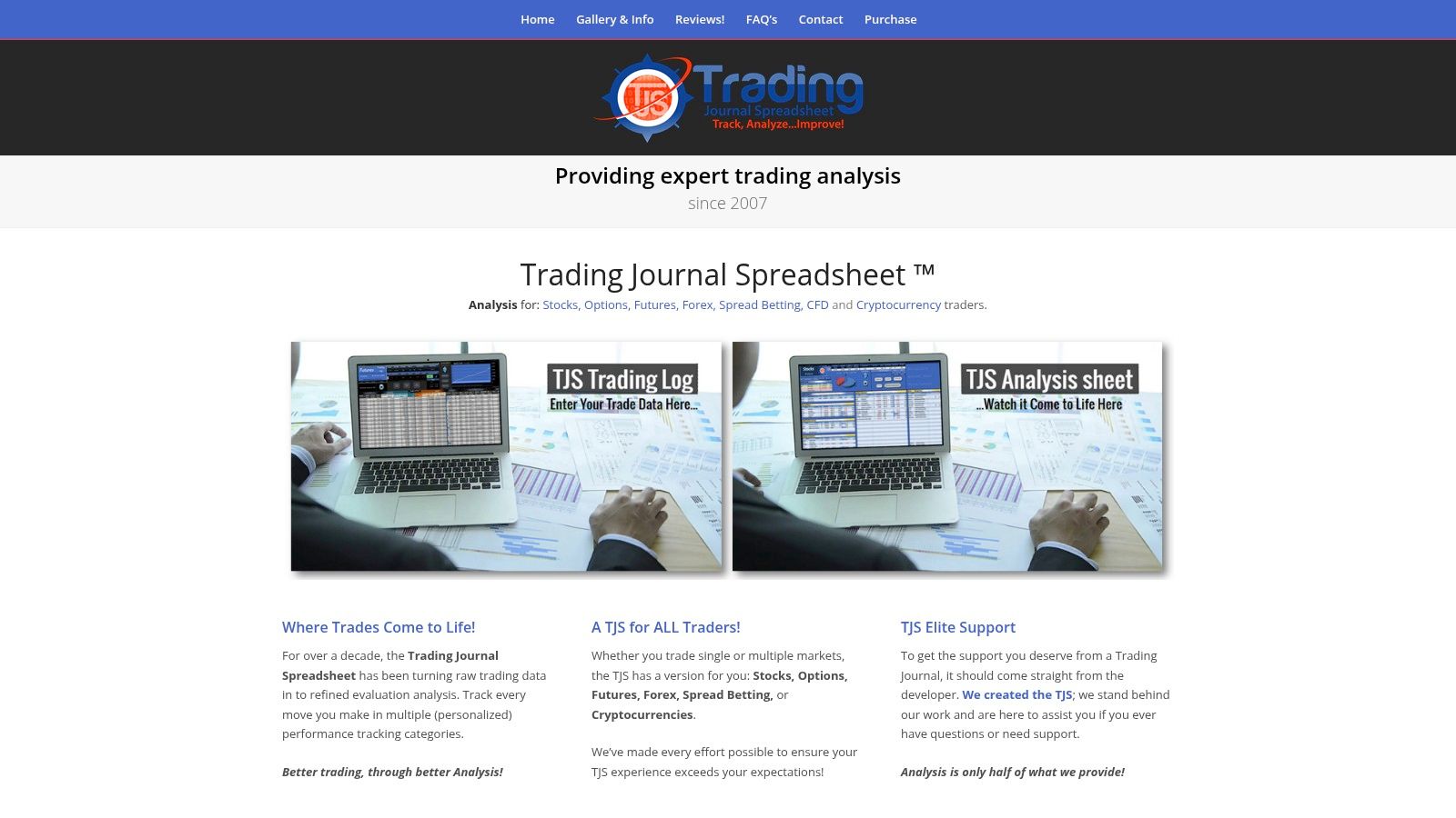 Trading Journal Spreadsheet (TJS) showing an analytics dashboard with charts and key performance metrics.
