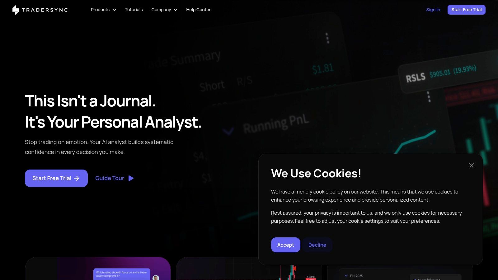 TraderSync dashboard showing performance analytics, charts, and trade details.