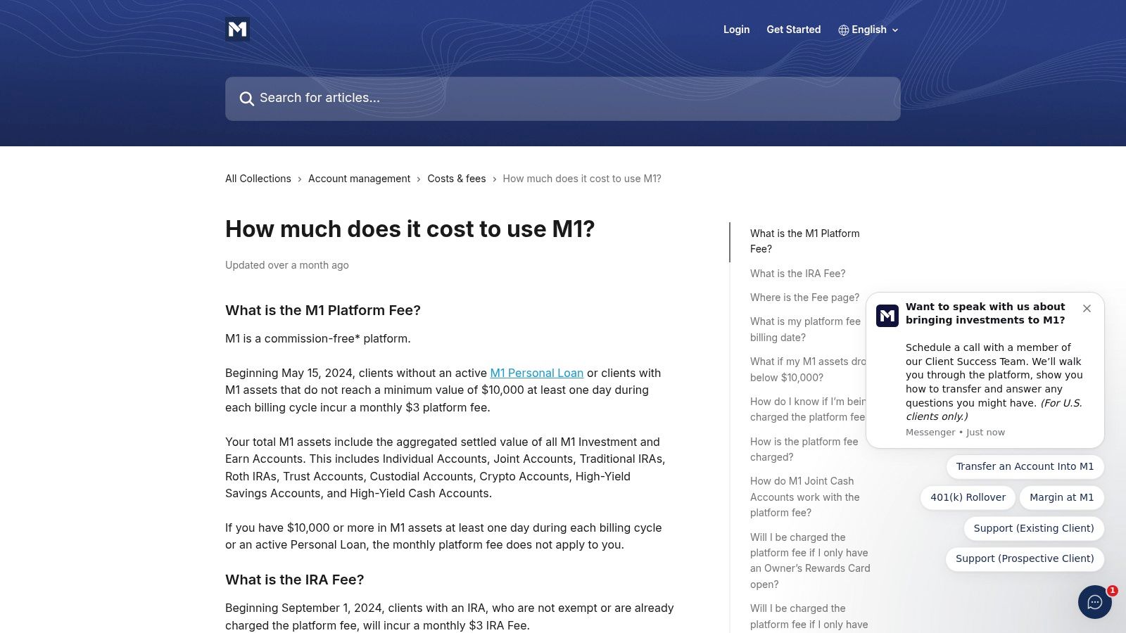 M1 Finance platform fee details, showing the $3/month fee and how it can be waived