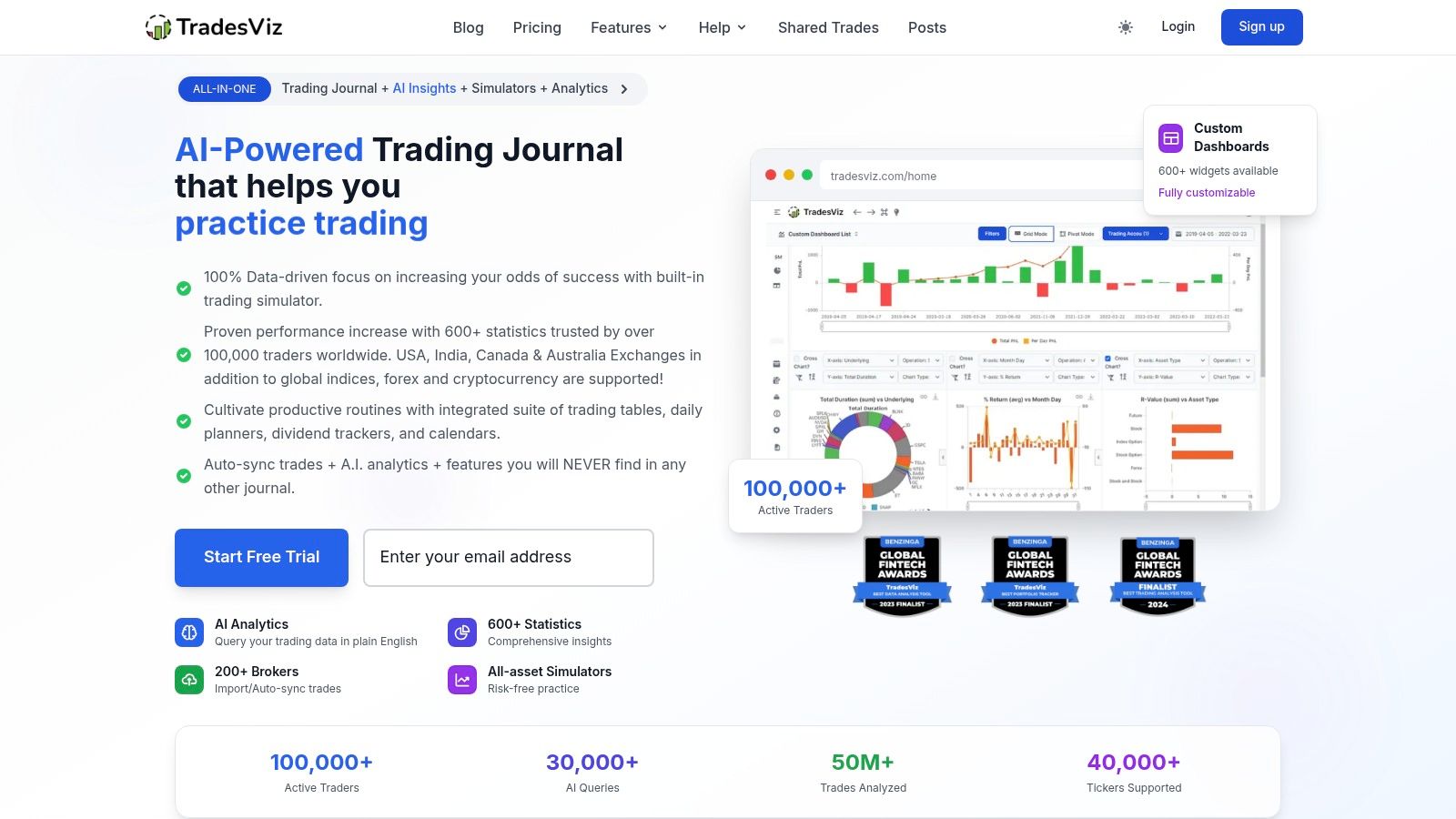 TradesViz dashboard showing various performance charts and analytics.