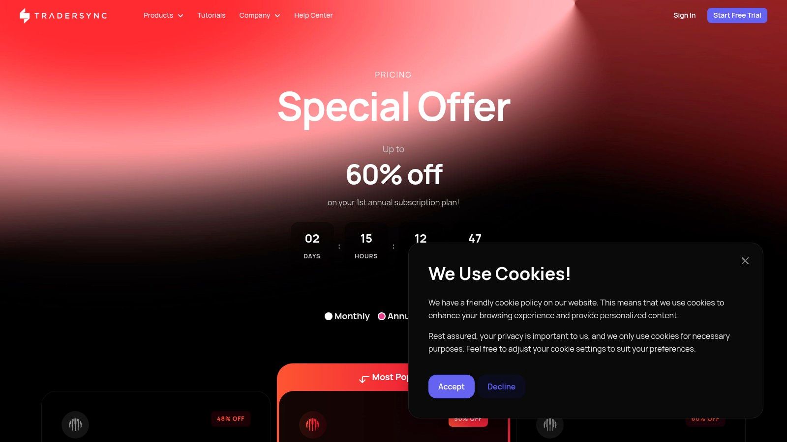 TraderSync pricing page showing different tiers for its trading journal services.