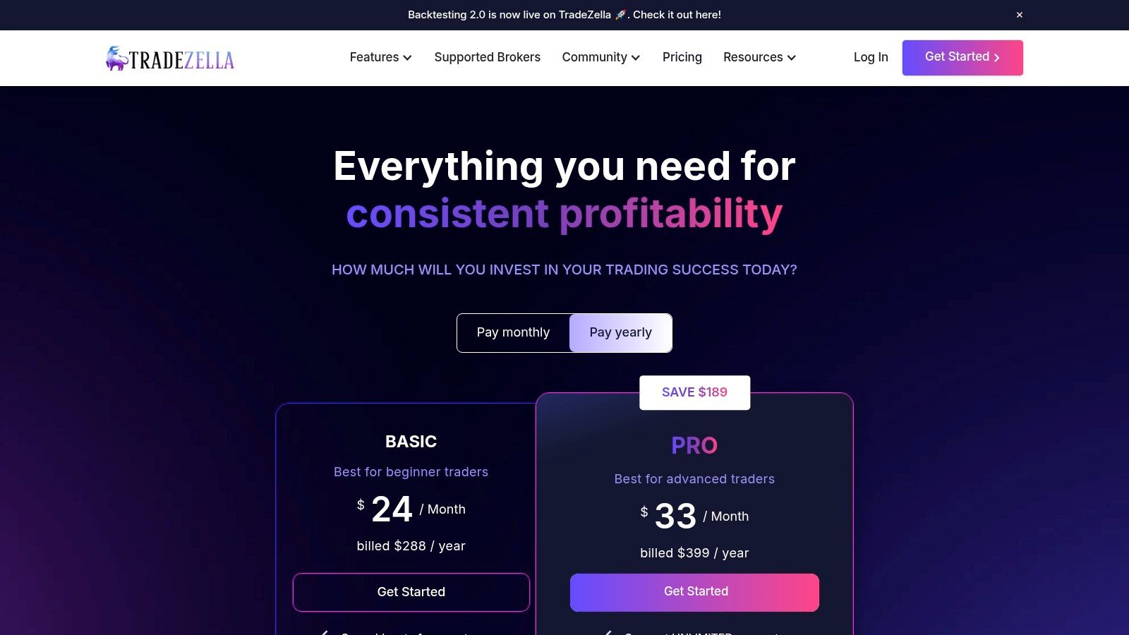 TradeZella pricing plans showing different tiers for its trading journal platform.