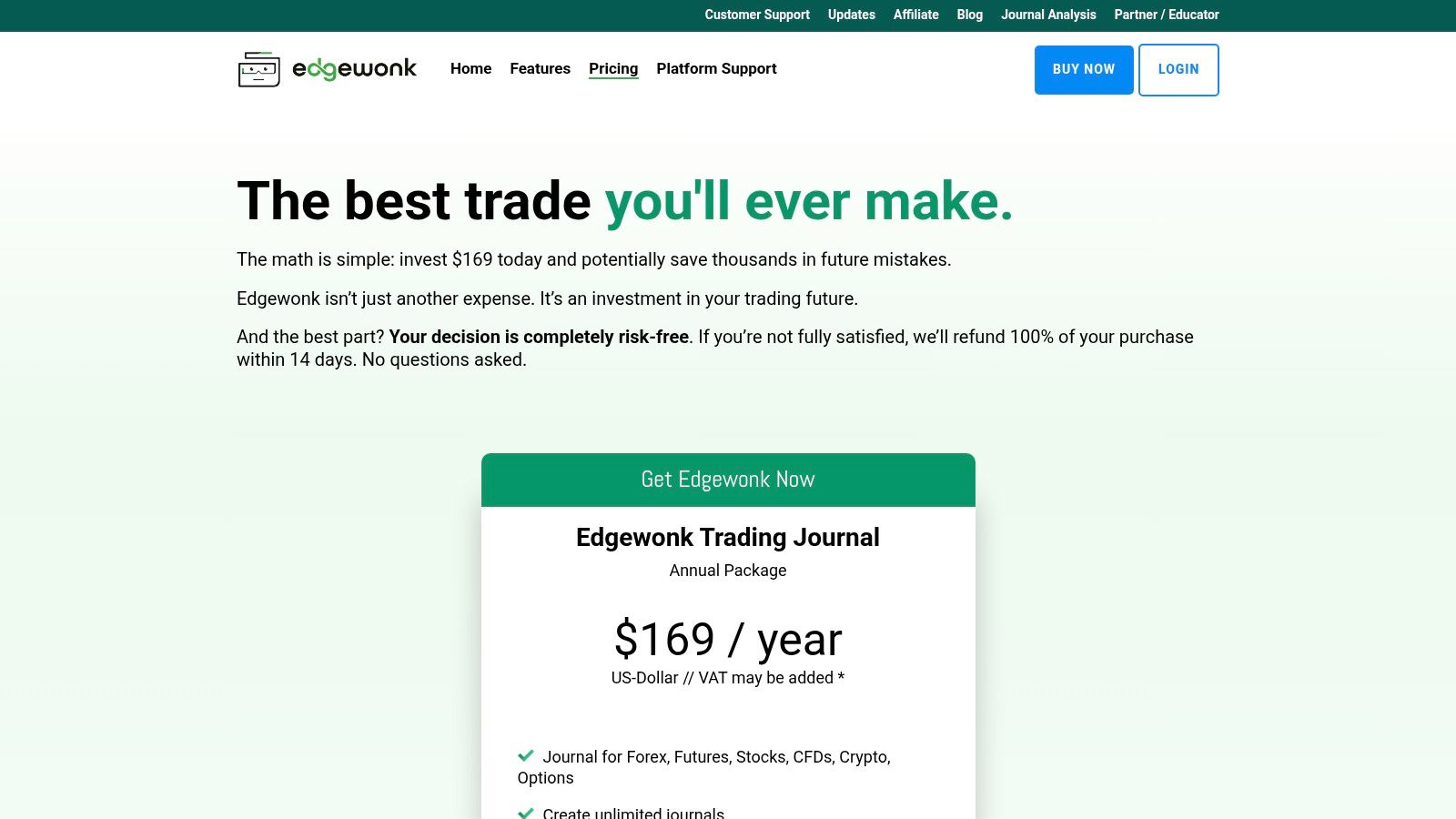 Edgewonk's pricing page highlighting its single annual plan for its trading journal.