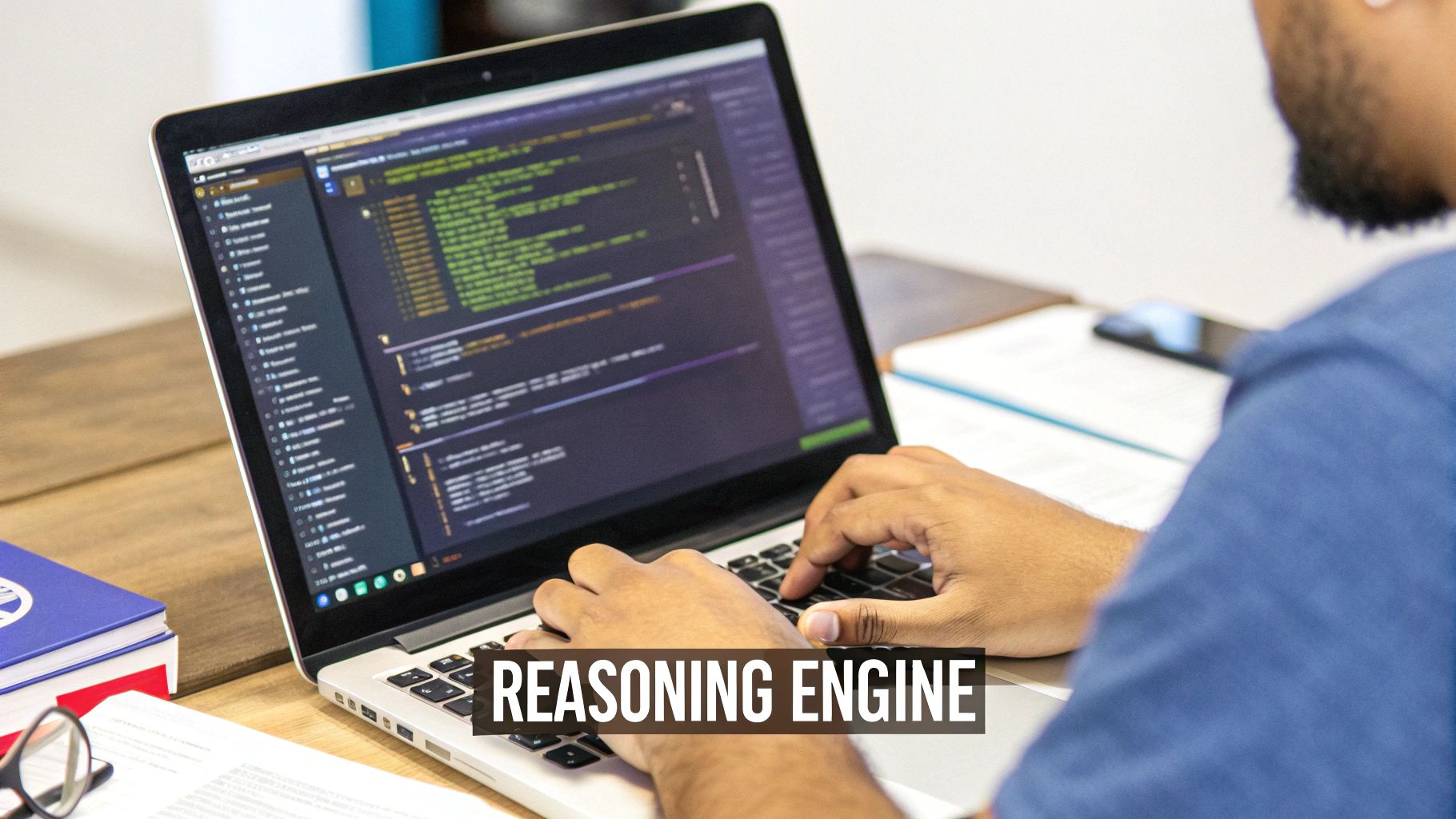 Close-up of hands typing on a laptop displaying code, with "REASONING ENGINE" text overlay.