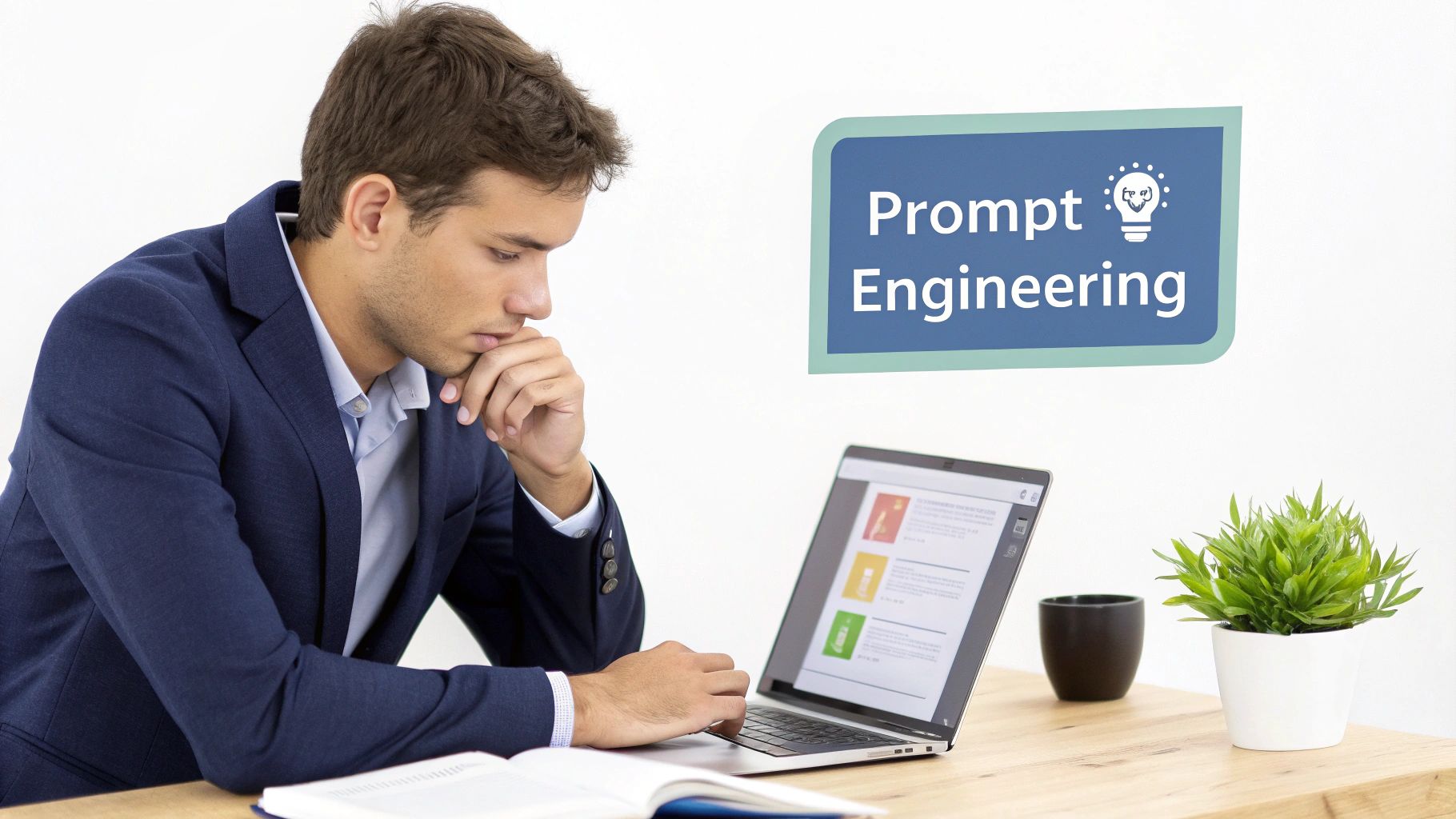 A thoughtful man in a suit jacket working on a laptop next to a 'Prompt Engineering' sign.