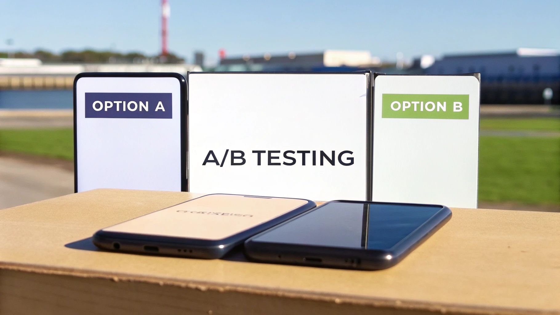A visual setup demonstrating A/B testing with two smartphones and display signs for options A and B.