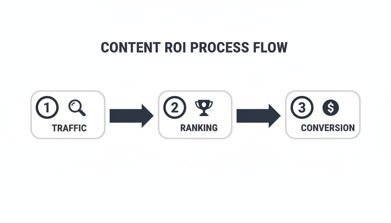 Flowchart illustrating the content ROI process, showing steps from traffic generation to ranking and conversion.