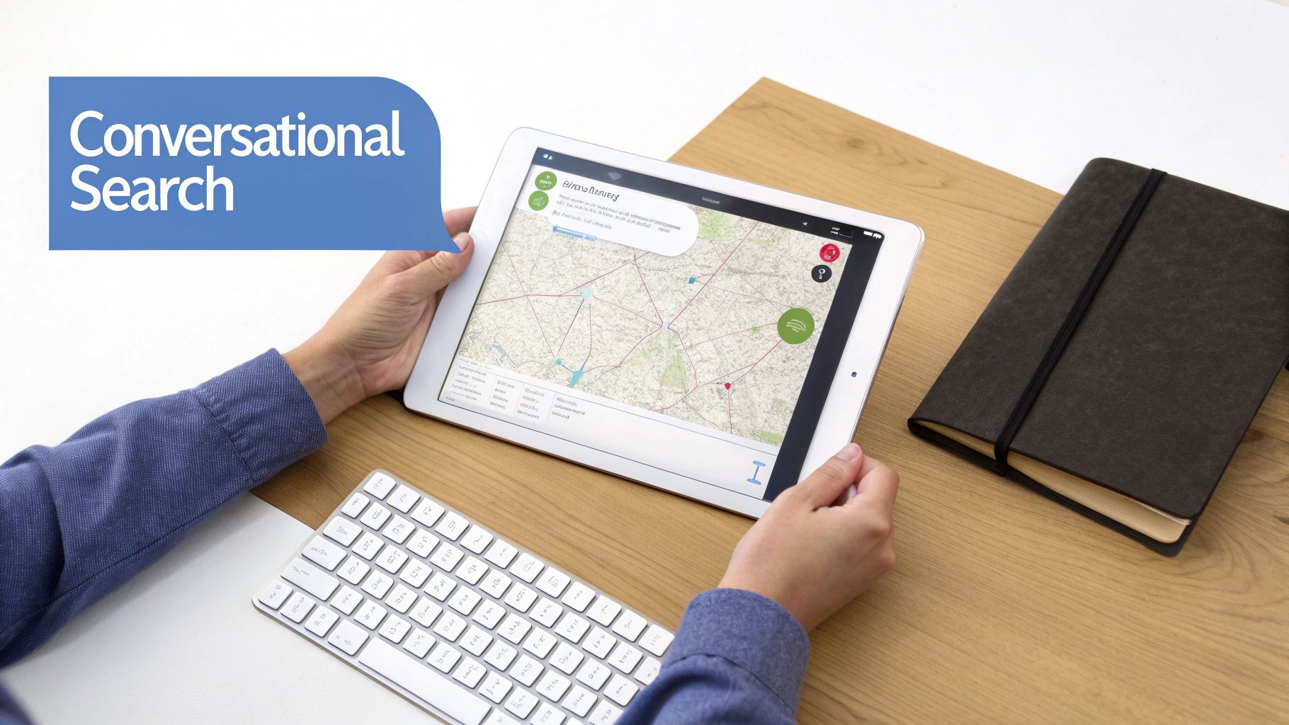 An abstract image representing the intersection of artificial intelligence and search engine results, with data points and connections forming a network.