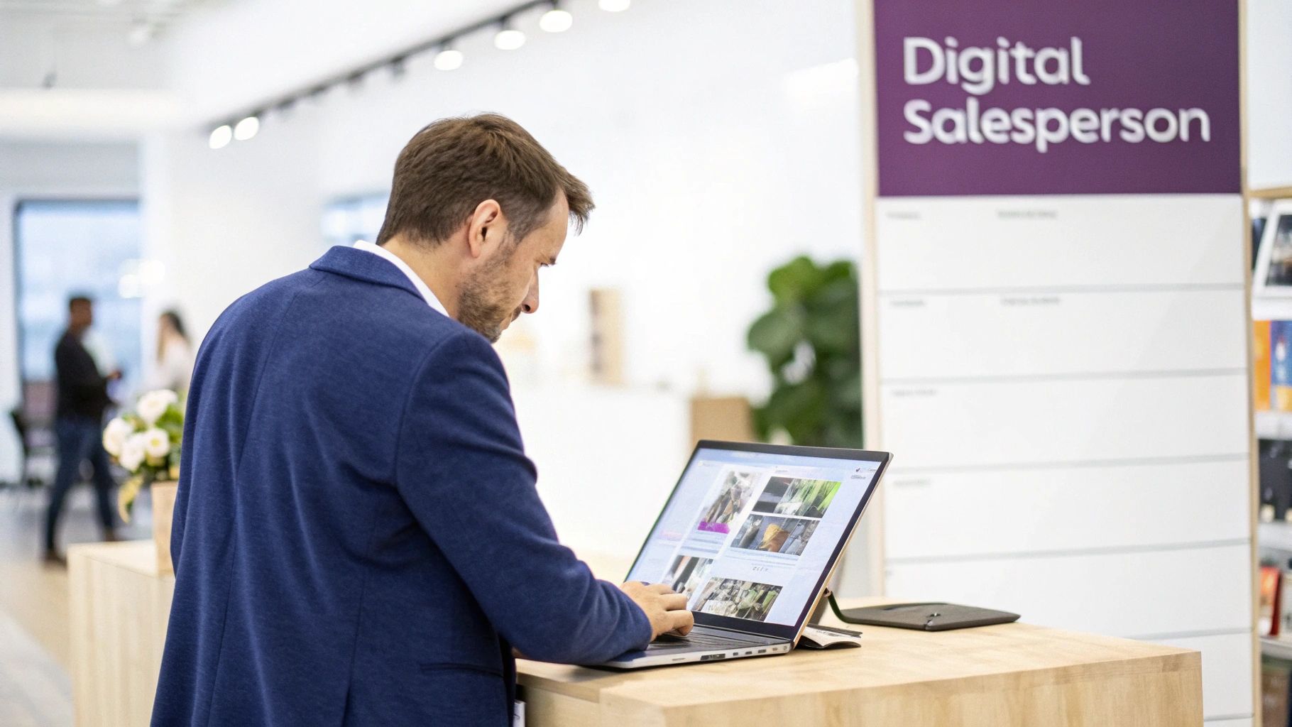 A man in a blue blazer uses a laptop showing images in an office with a 'Digital Salesperson' sign.