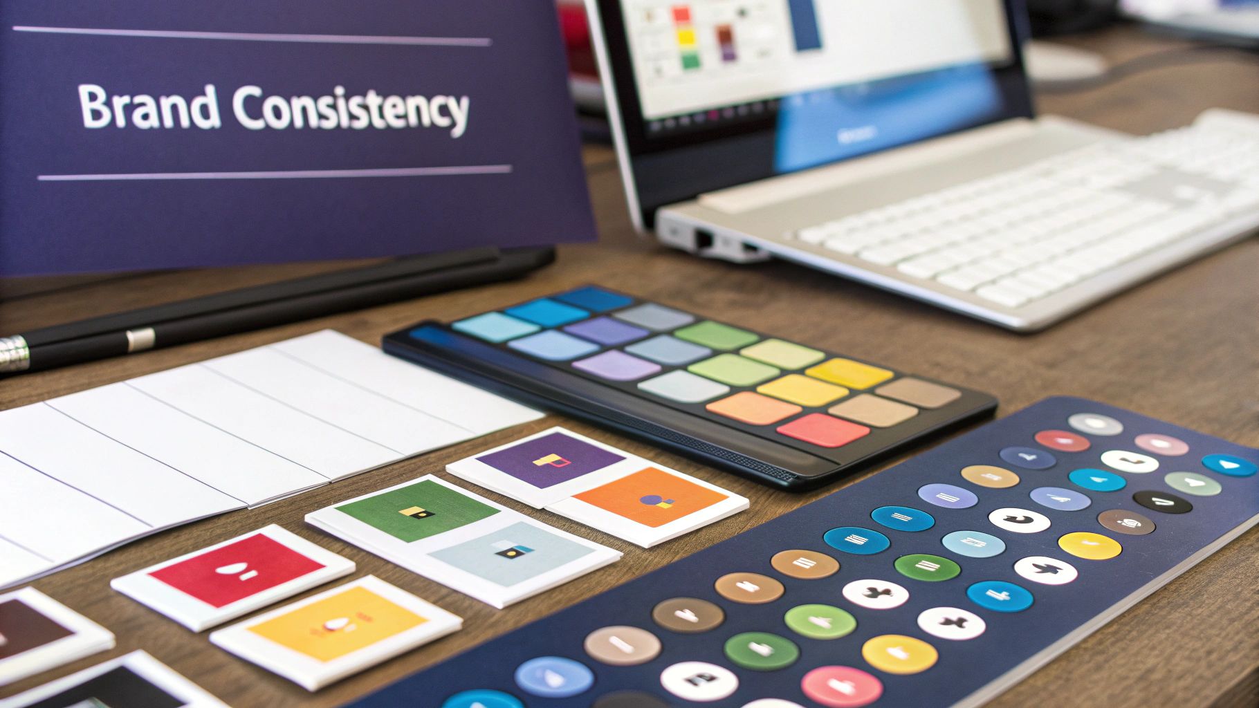 Infographic showcasing the components of a design system, including colors, typography, and UI elements.