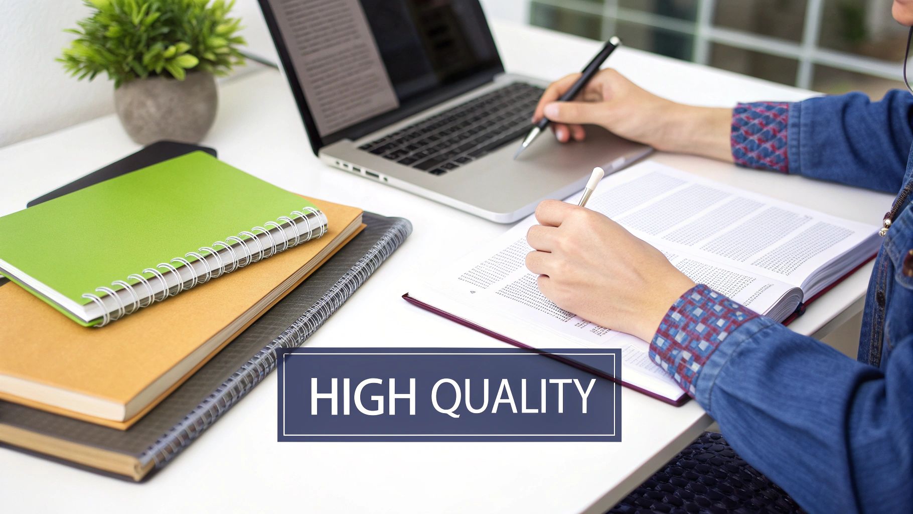A graphic illustrating the concept of quality over quantity with a large, polished diamond representing a high-quality content piece, contrasted with many small, unrefined stones representing numerous low-quality posts.