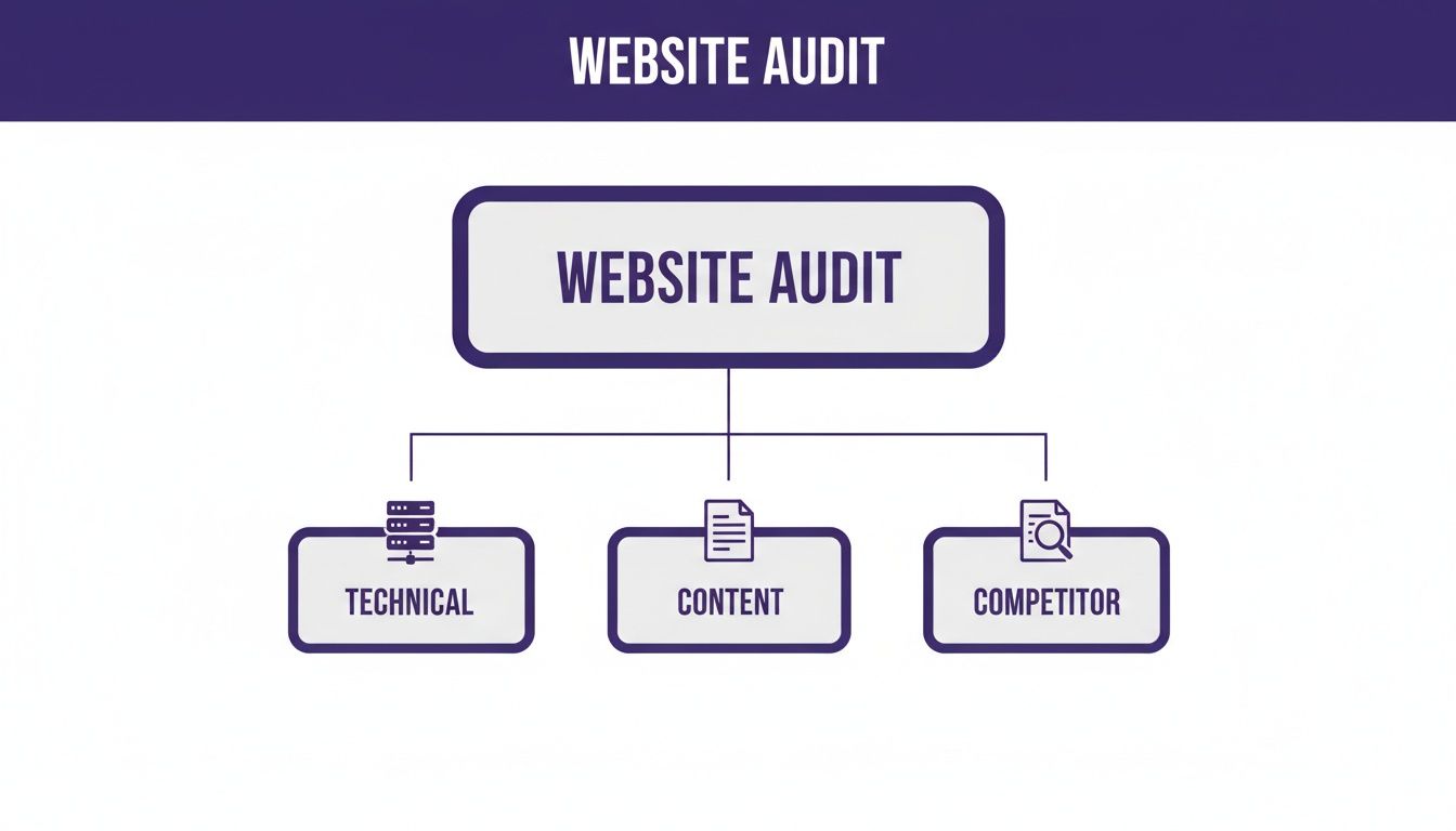 A flowchart outlining a website audit process, branching into technical, content, and competitor analysis.