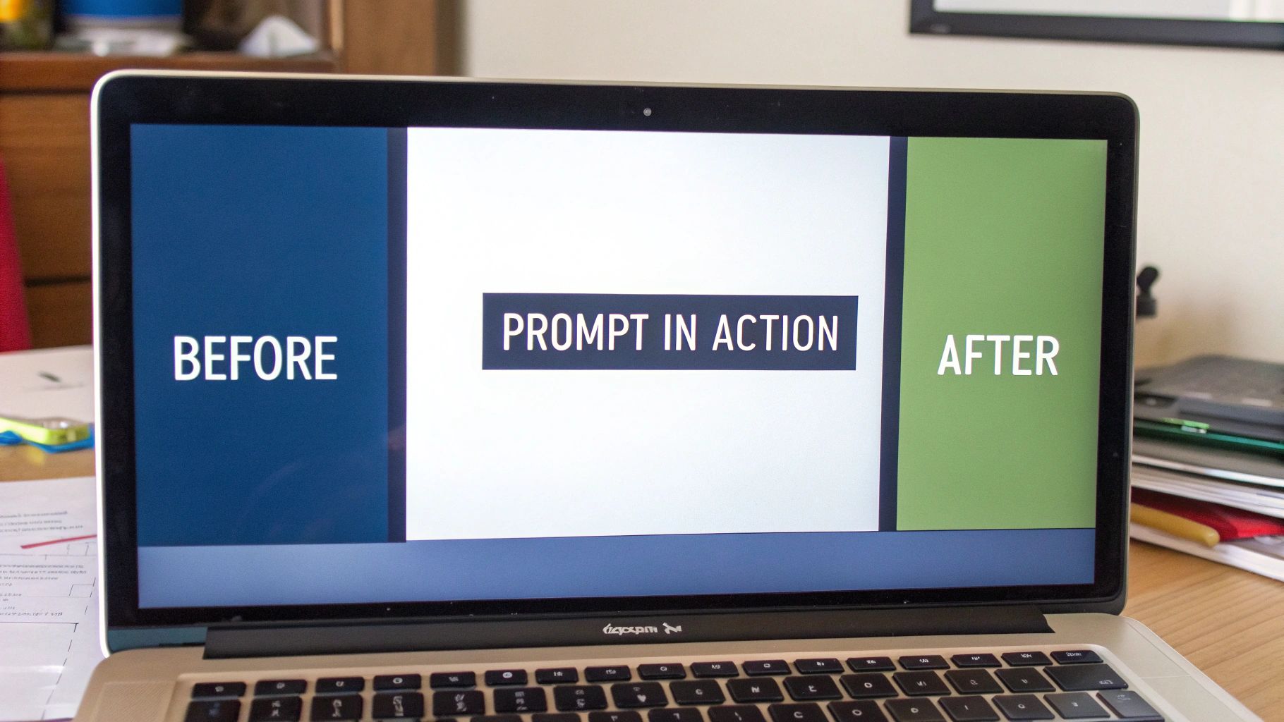 A laptop screen displays a presentation slide titled 'PROMPT IN ACTION' with 'BEFORE' and 'AFTER' sections.