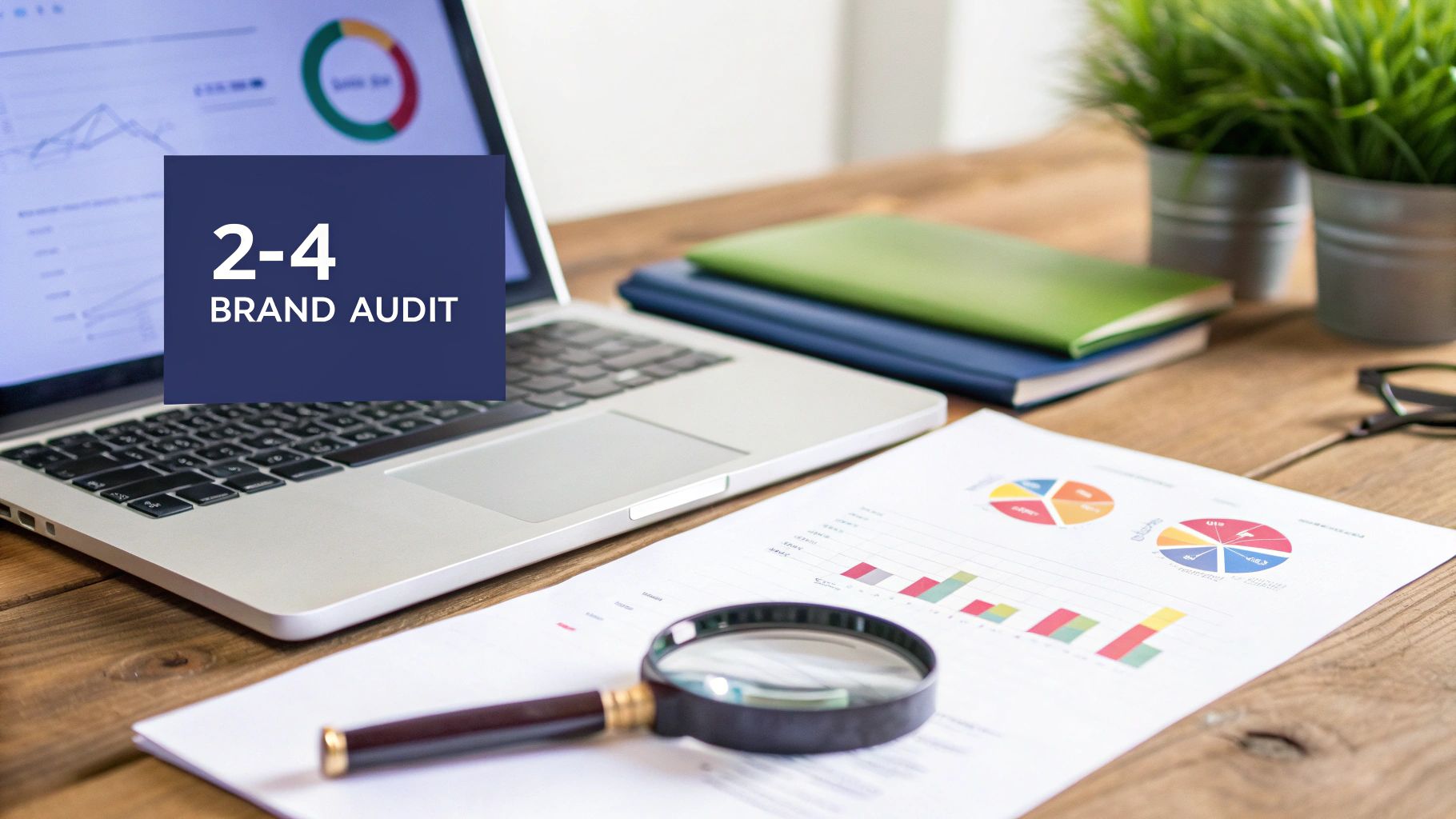 Desk setup with a laptop showing analytics, documents with charts, and a magnifying glass for brand audit.