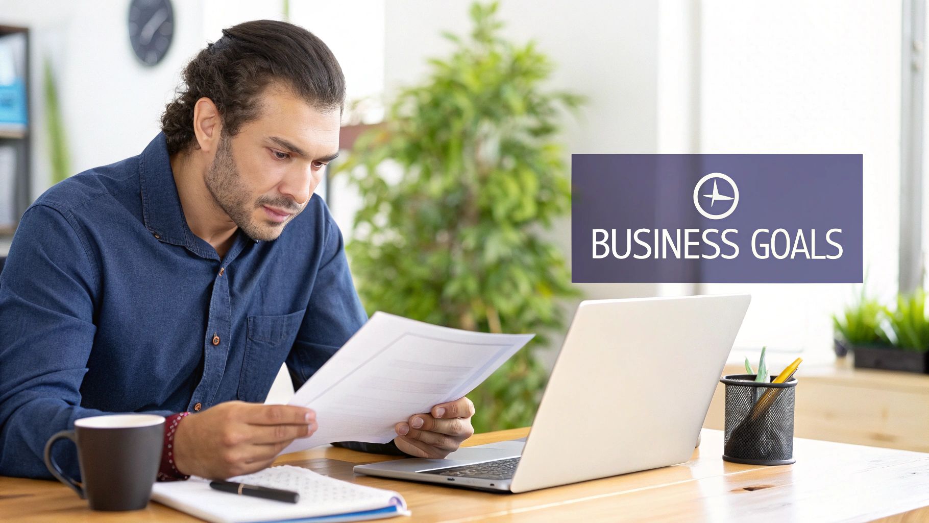A man reviews business goals and documents at his office desk with a laptop.
