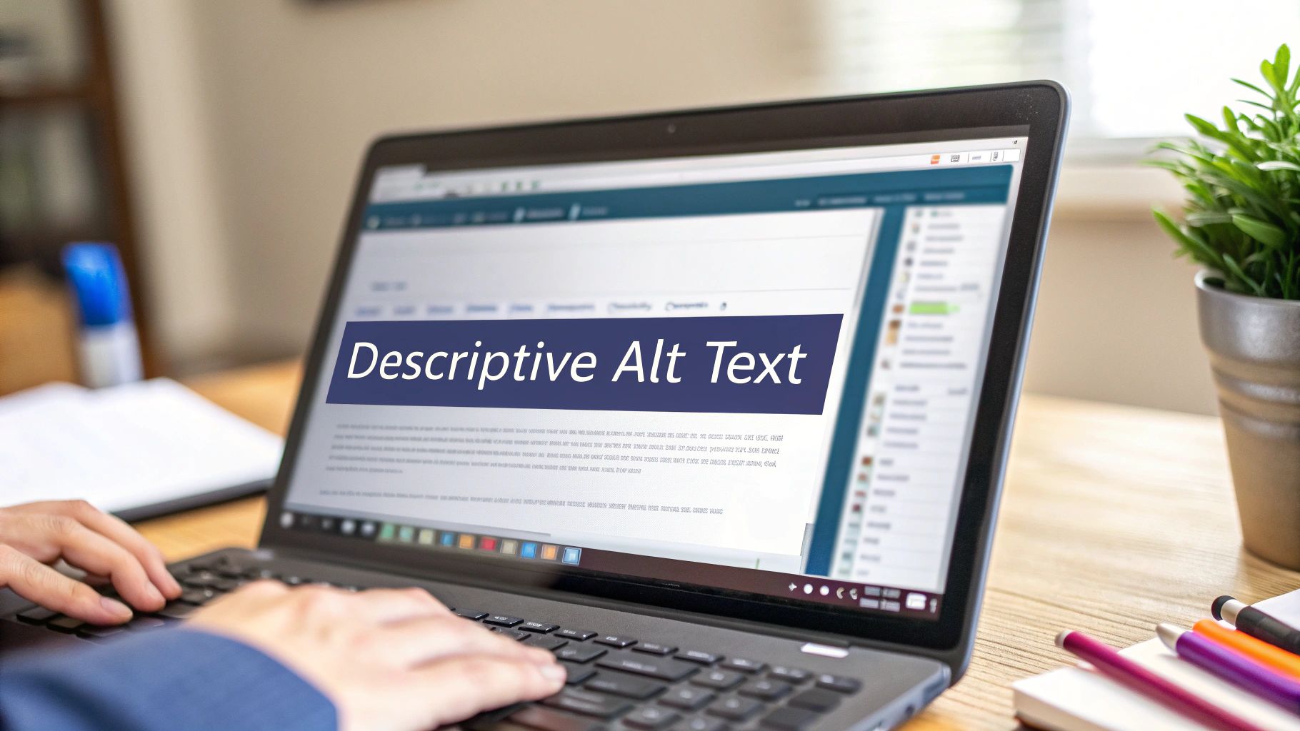 Hands typing on a laptop screen displaying 'Descriptive Alt Text', emphasizing web accessibility and compliance.