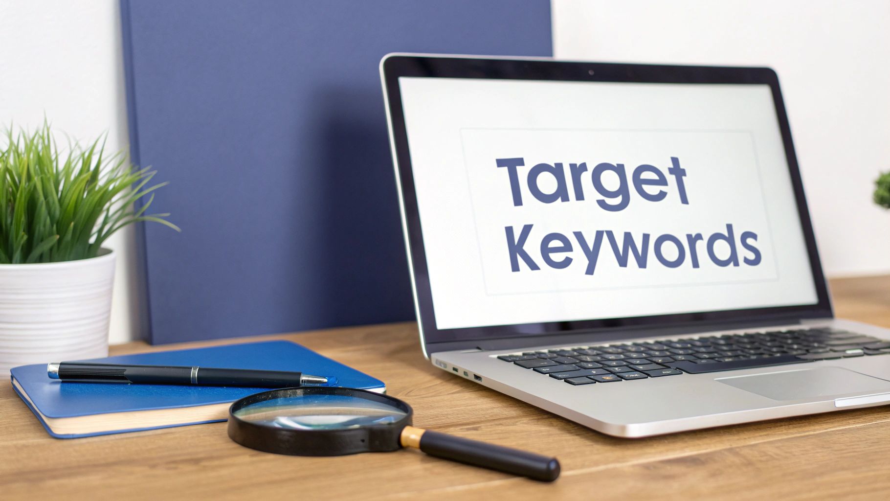 A laptop displays 'Target Keywords' on a wooden desk with a plant, notebook, pen, and magnifying glass.
