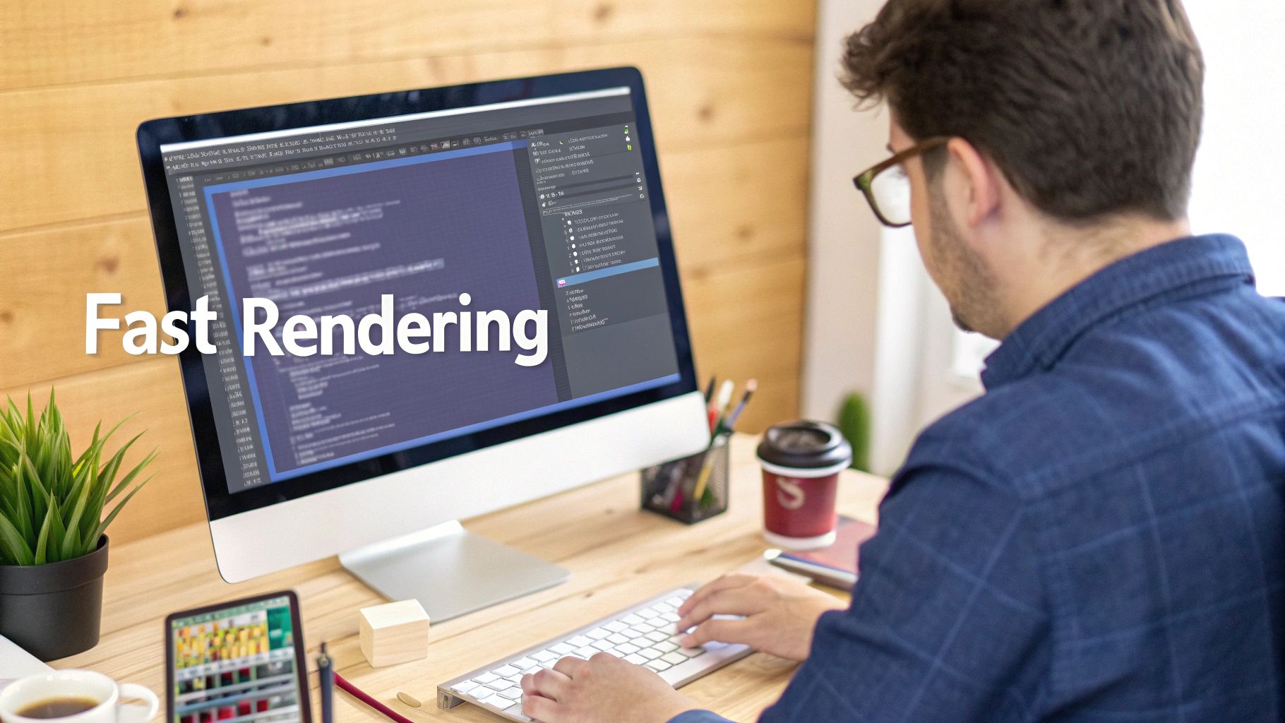 A developer works on a computer displaying code, with 'Fast Rendering' text overlaid on the screen.