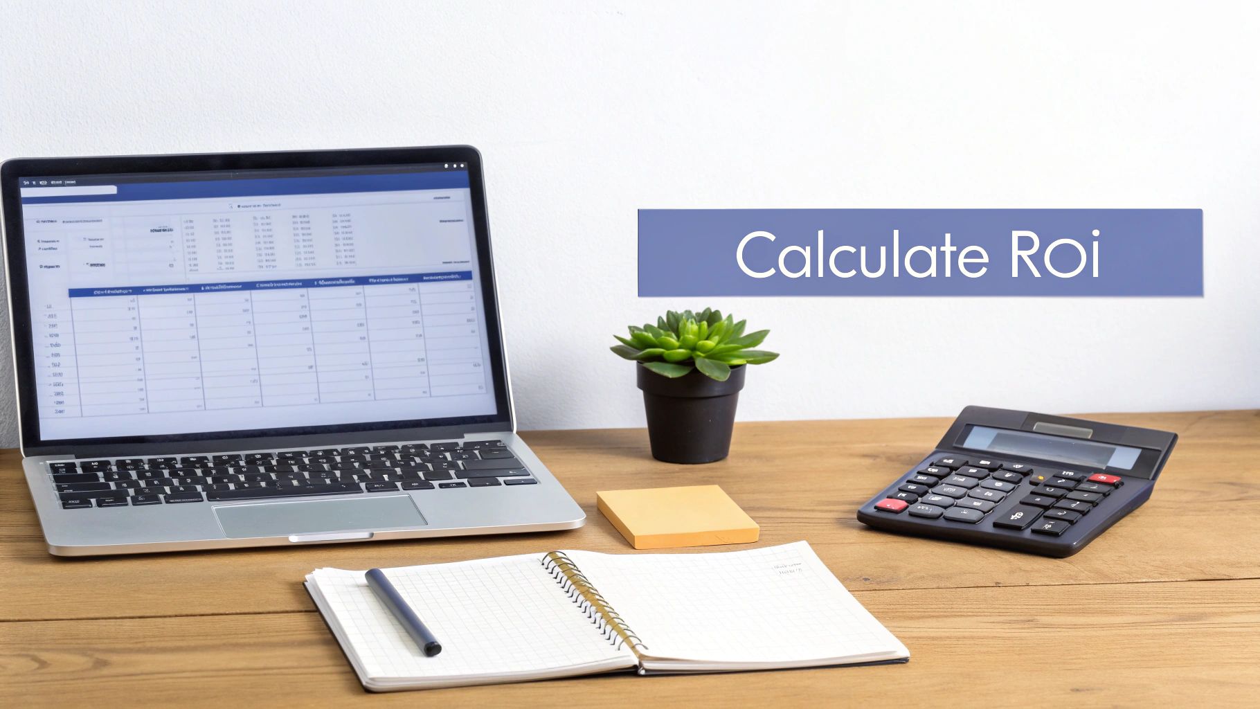 Laptop displaying spreadsheet data with calculator and notebook for calculating marketing ROI on desk