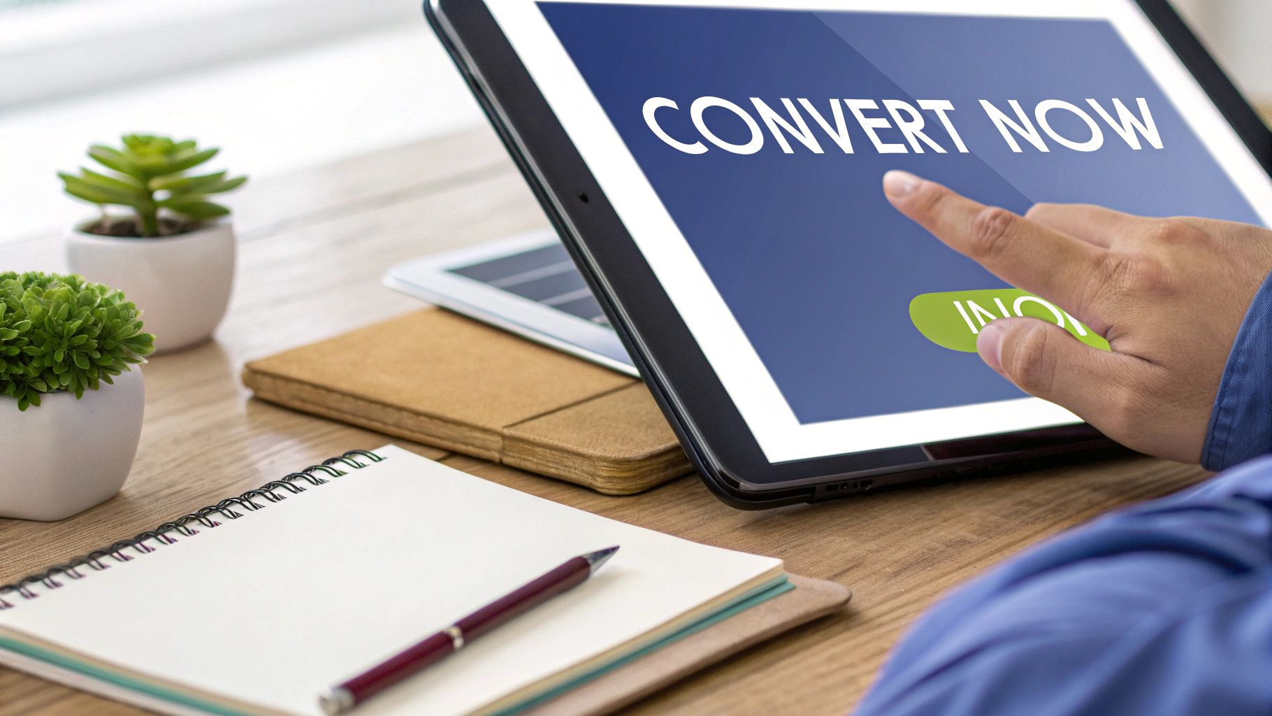 A person pointing at a large, brightly colored 'Sign up' button on a screen, symbolizing a clear call to action.