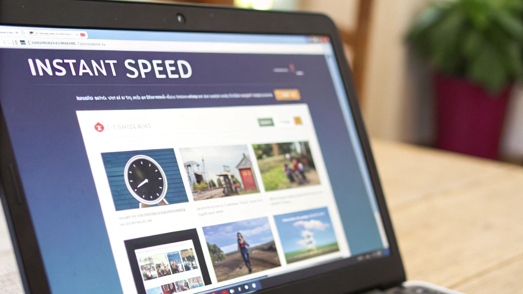 A close-up of a laptop screen displaying a website with 'INSTANT SPEED' prominently featured.