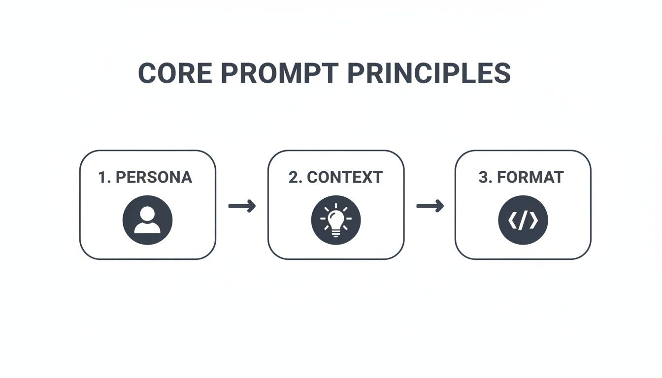 Flowchart illustrating core prompt principles: Persona, Context, and Format, with respective icons.