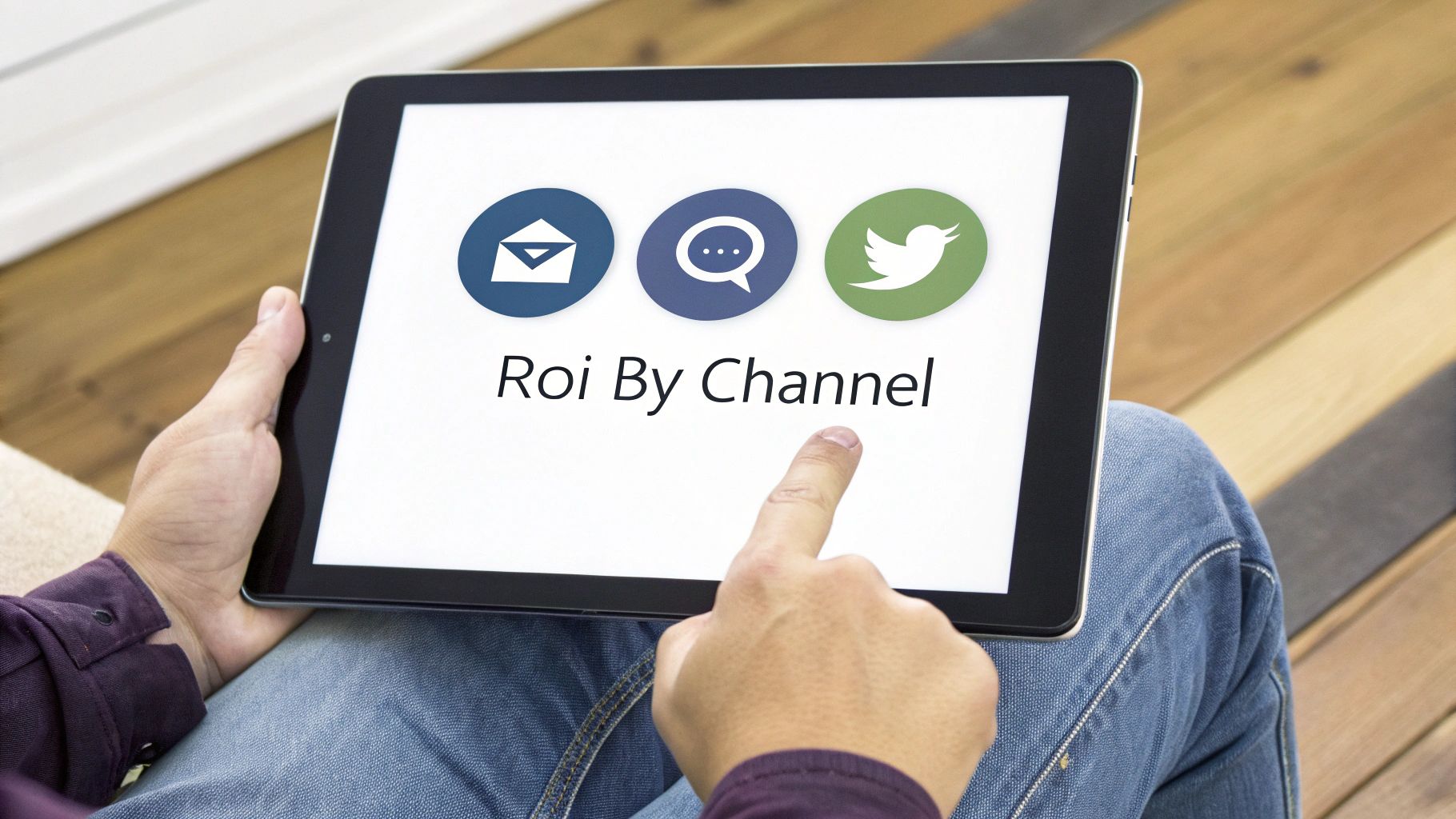 Person holding tablet displaying ROI by channel with email, messaging, and social media icons