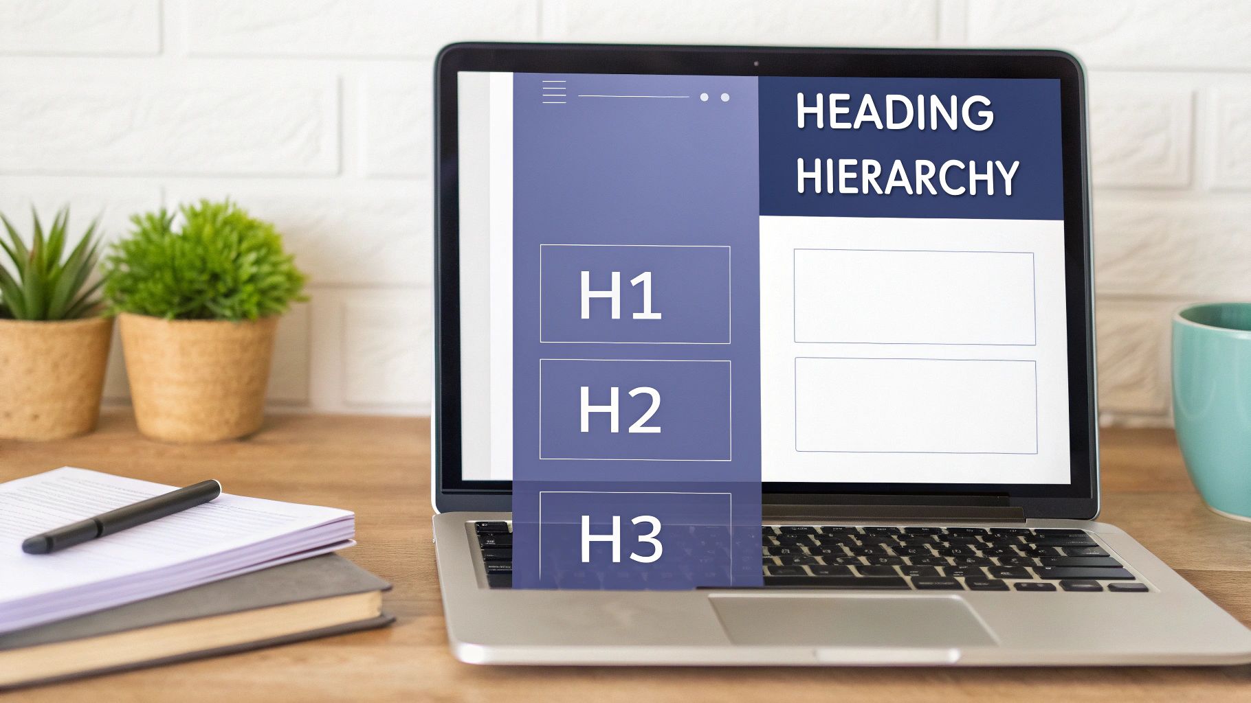 Laptop displays a 'Heading Hierarchy' website design with H1, H2, H3 elements on a desk.