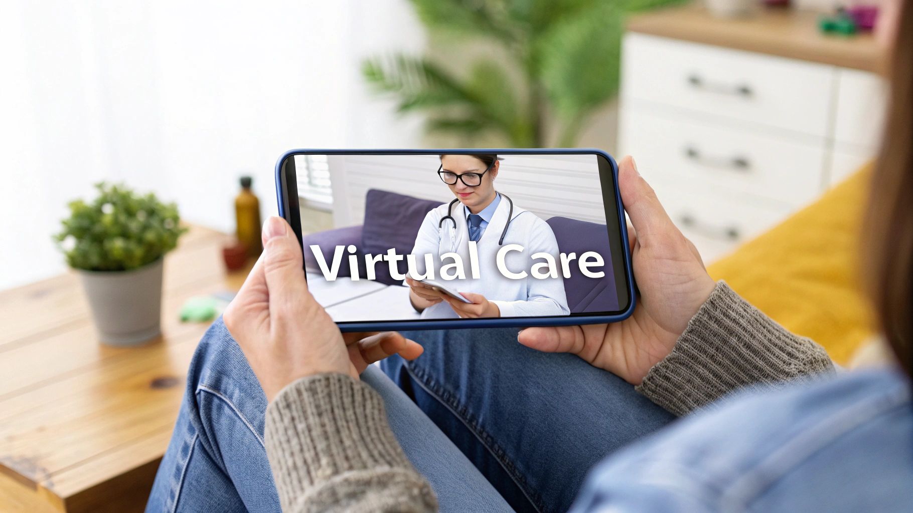 Patient using smartphone for virtual care telemedicine consultation with doctor from home