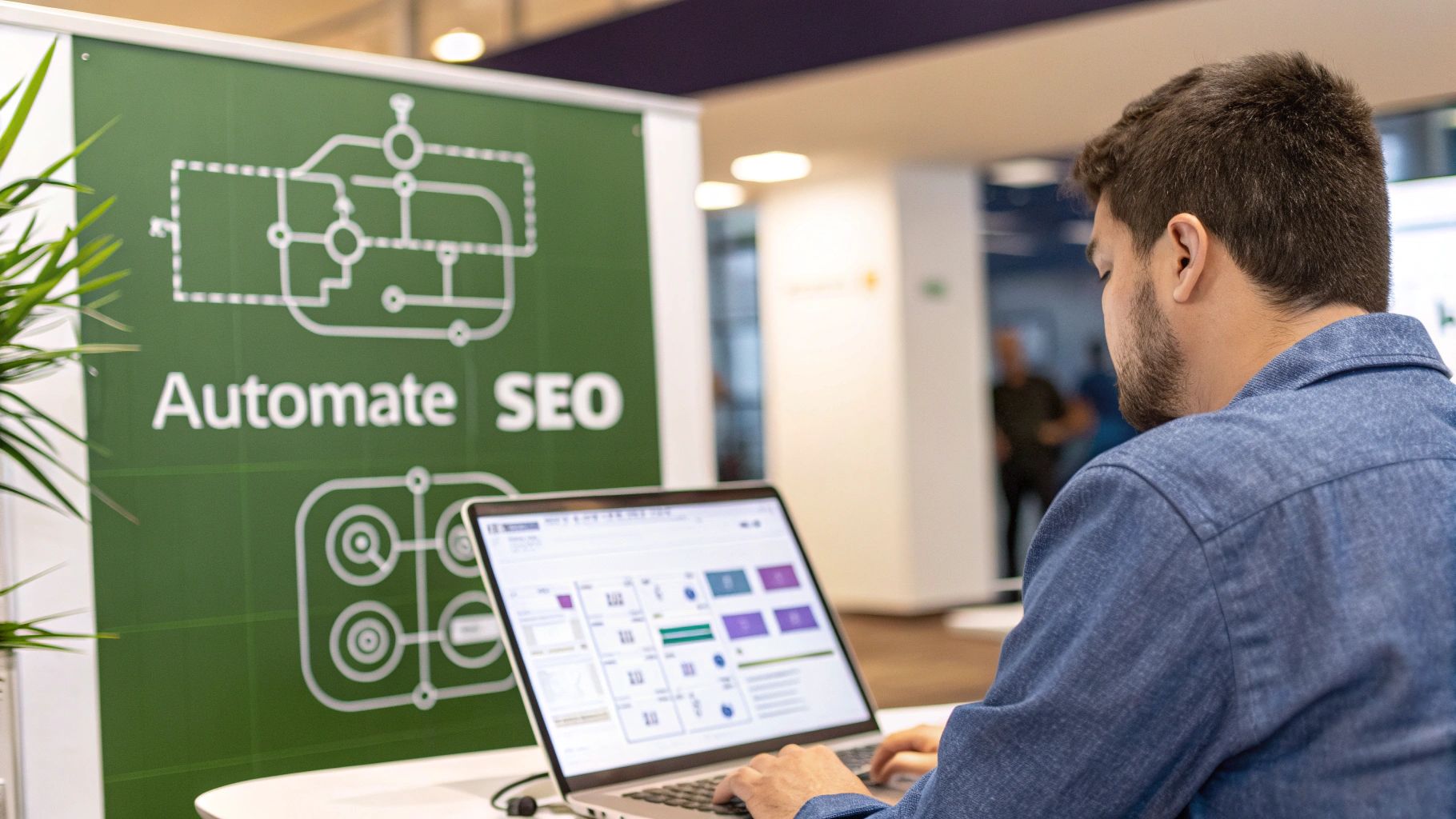 A man works on a laptop showing a dashboard, with a green 'Automate SEO' banner featuring flow diagrams in the background.