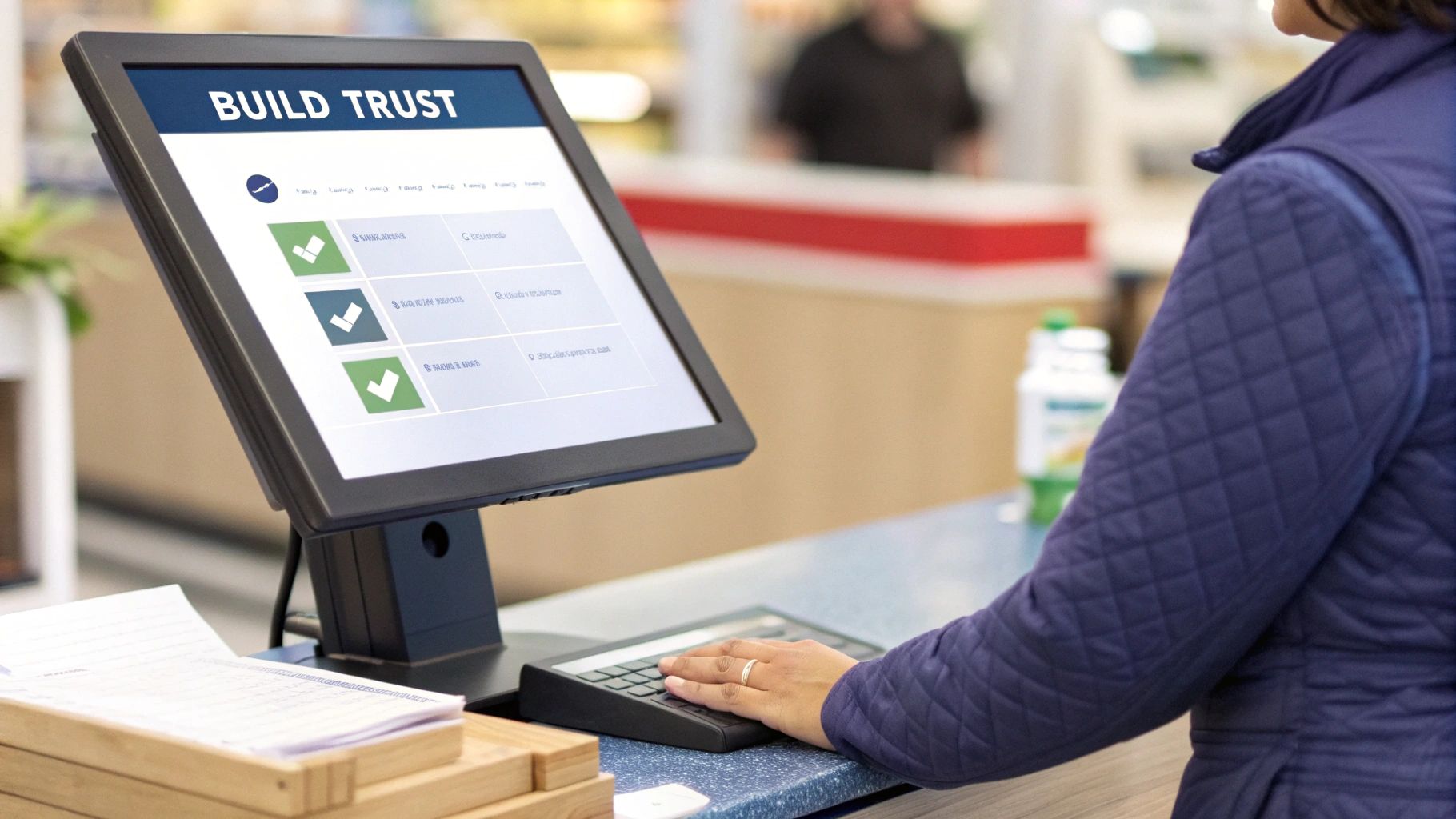 A customer happily hands their credit card to a smiling cashier, symbolizing a frictionless and trustworthy transaction.