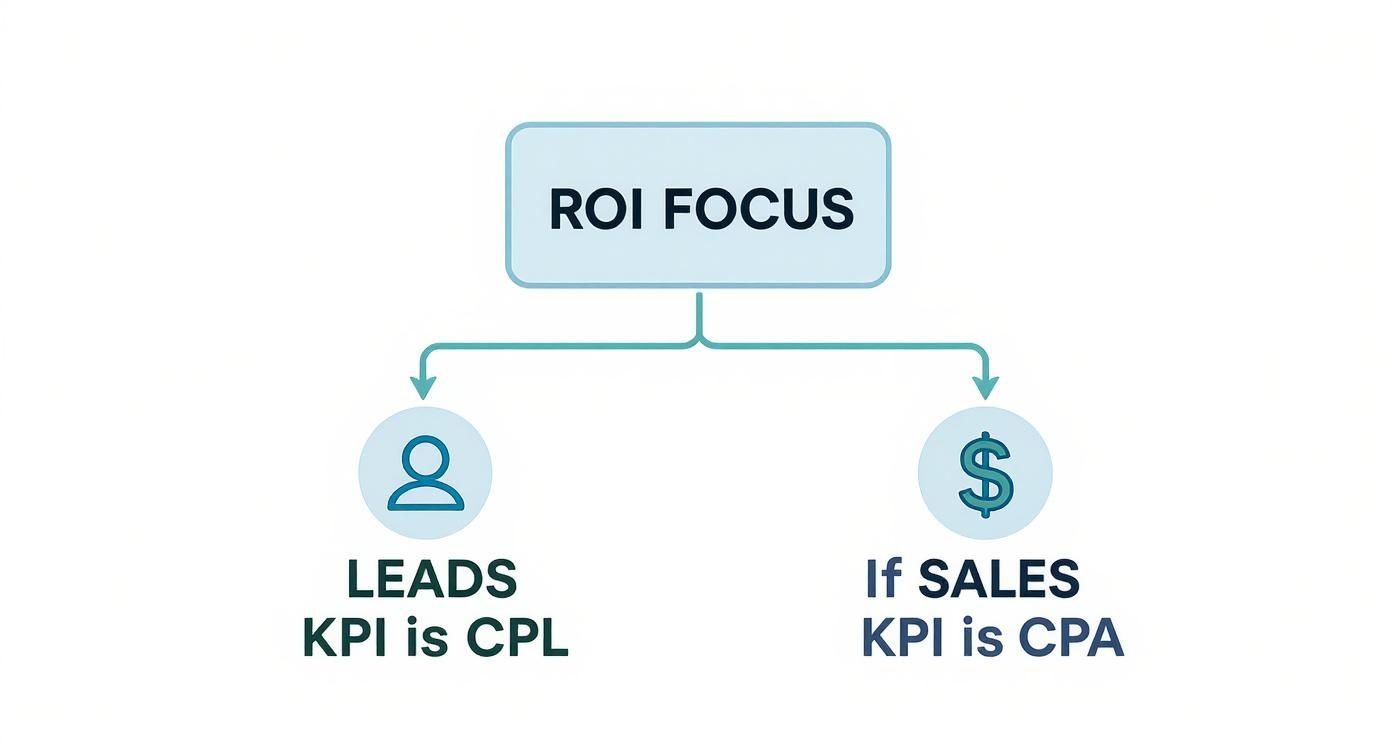 ROI focus diagram showing leads KPI measured by CPL and sales KPI measured by CPA