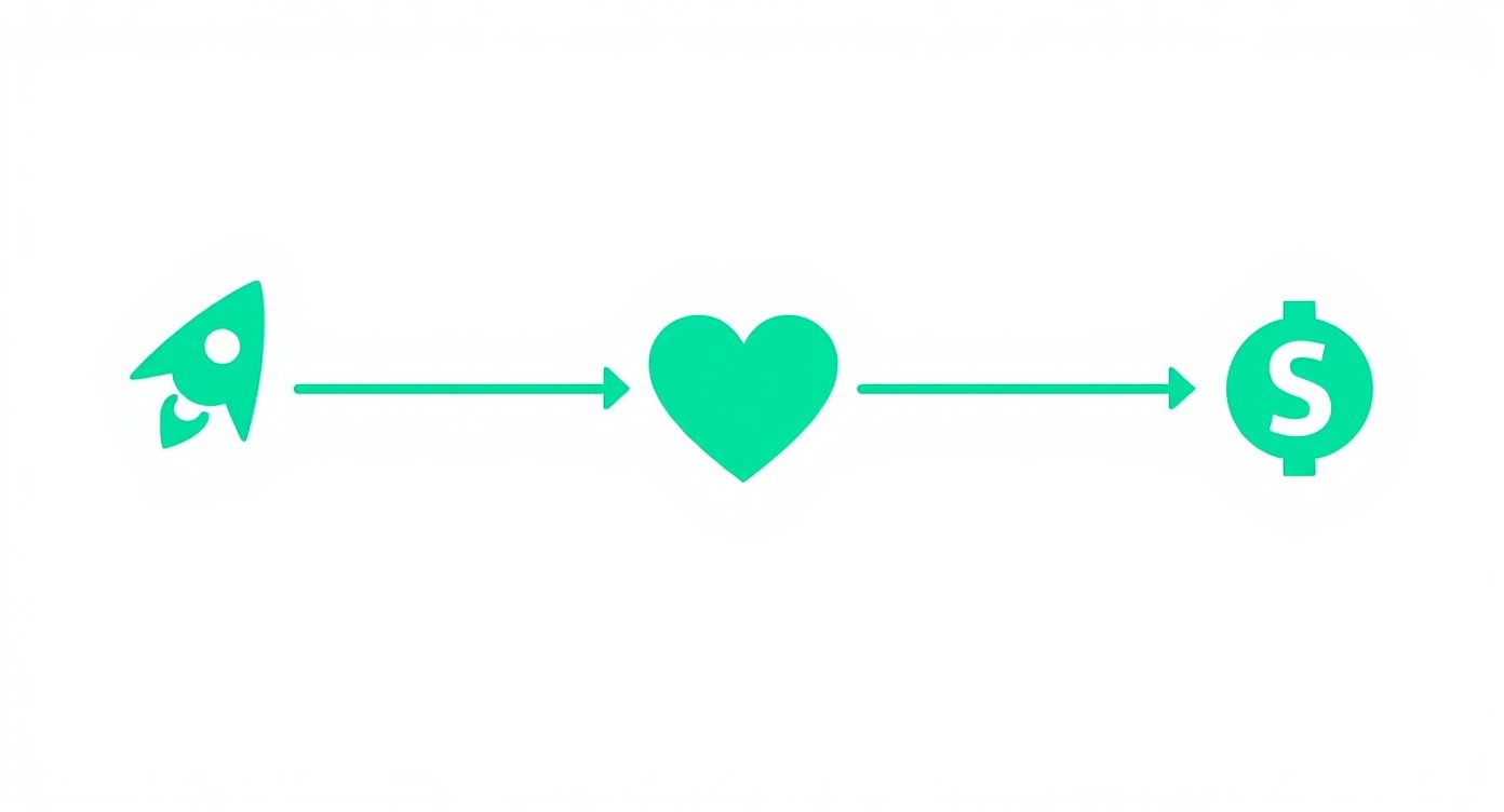 Green icons depict a rocket, heart, and dollar sign connected by arrows, symbolizing a process.